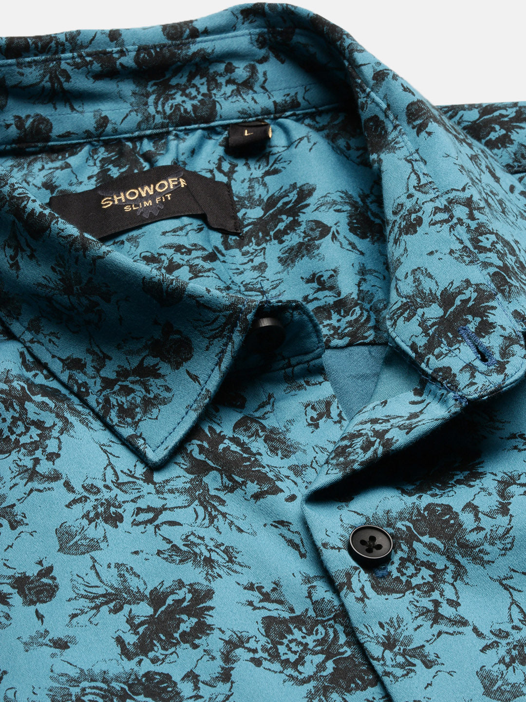 Men Spread Collar Floral Slim Fit Teal Shirt