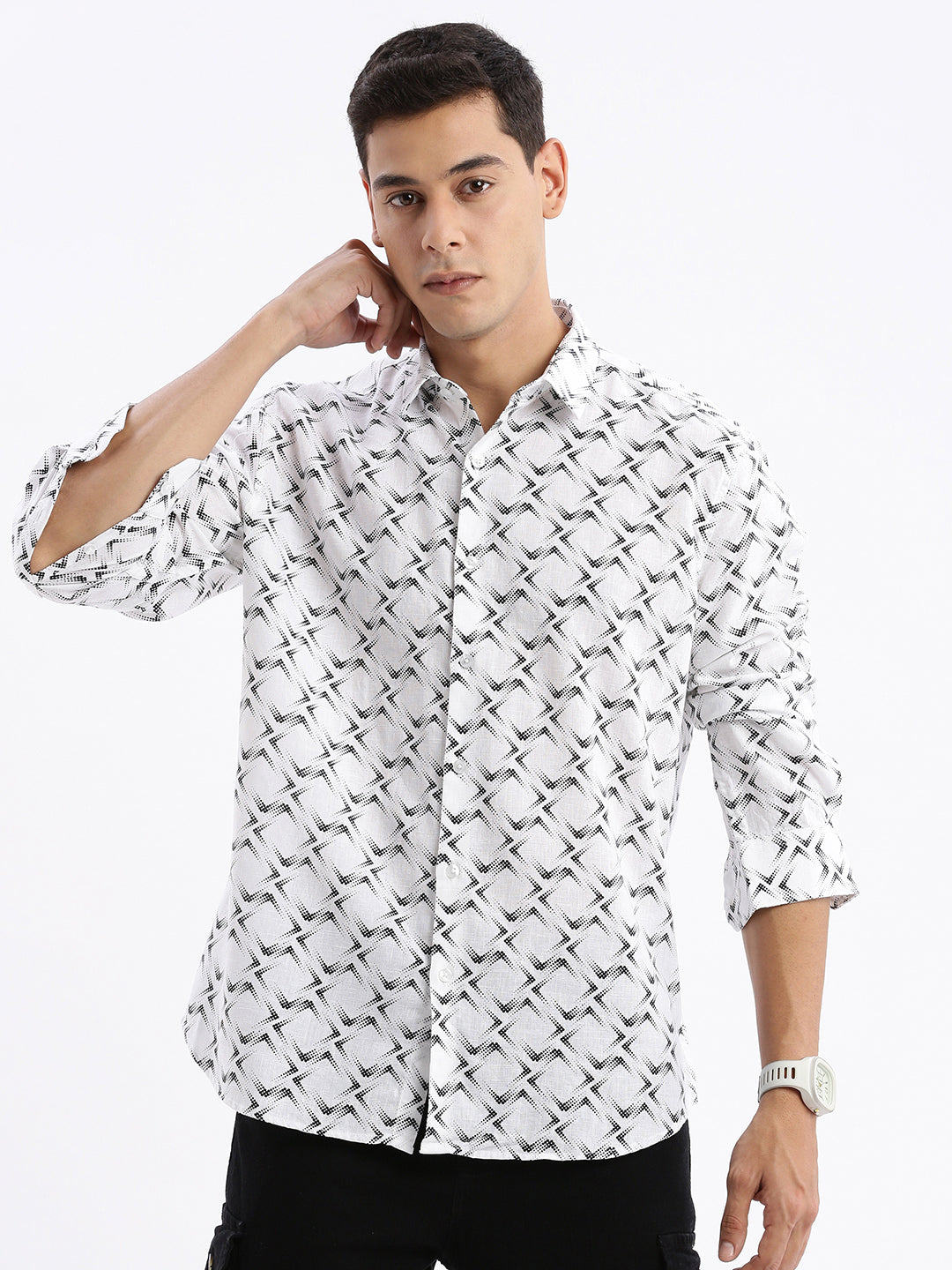 Men Spread Collar Printed Slim Fit White Shirt