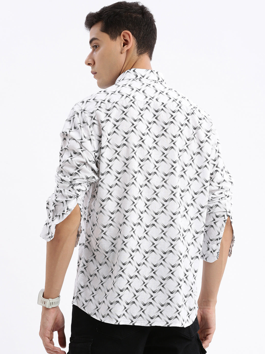 Men Spread Collar Printed Slim Fit White Shirt