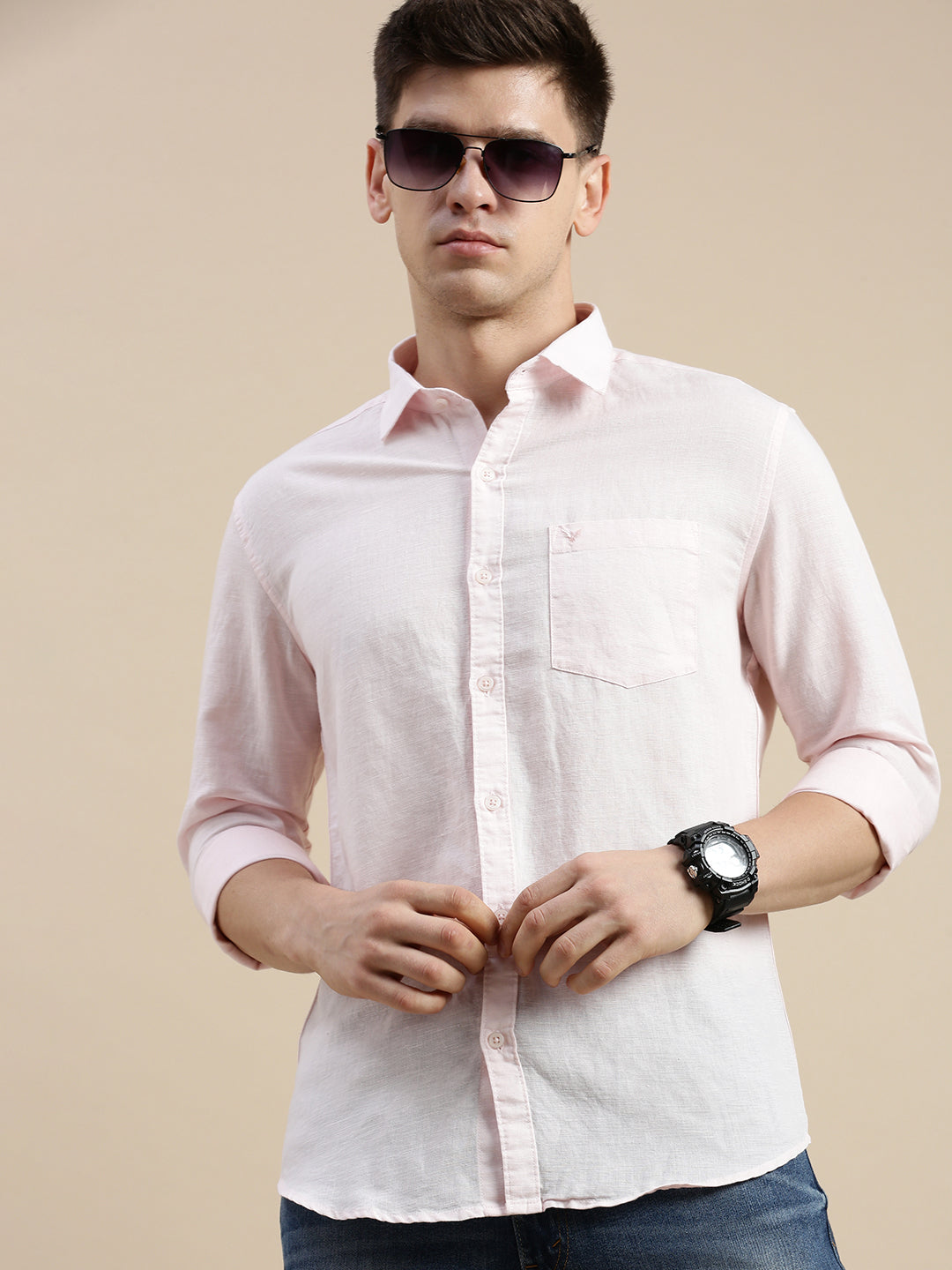 Men Spread Collar Solid Pink Shirt