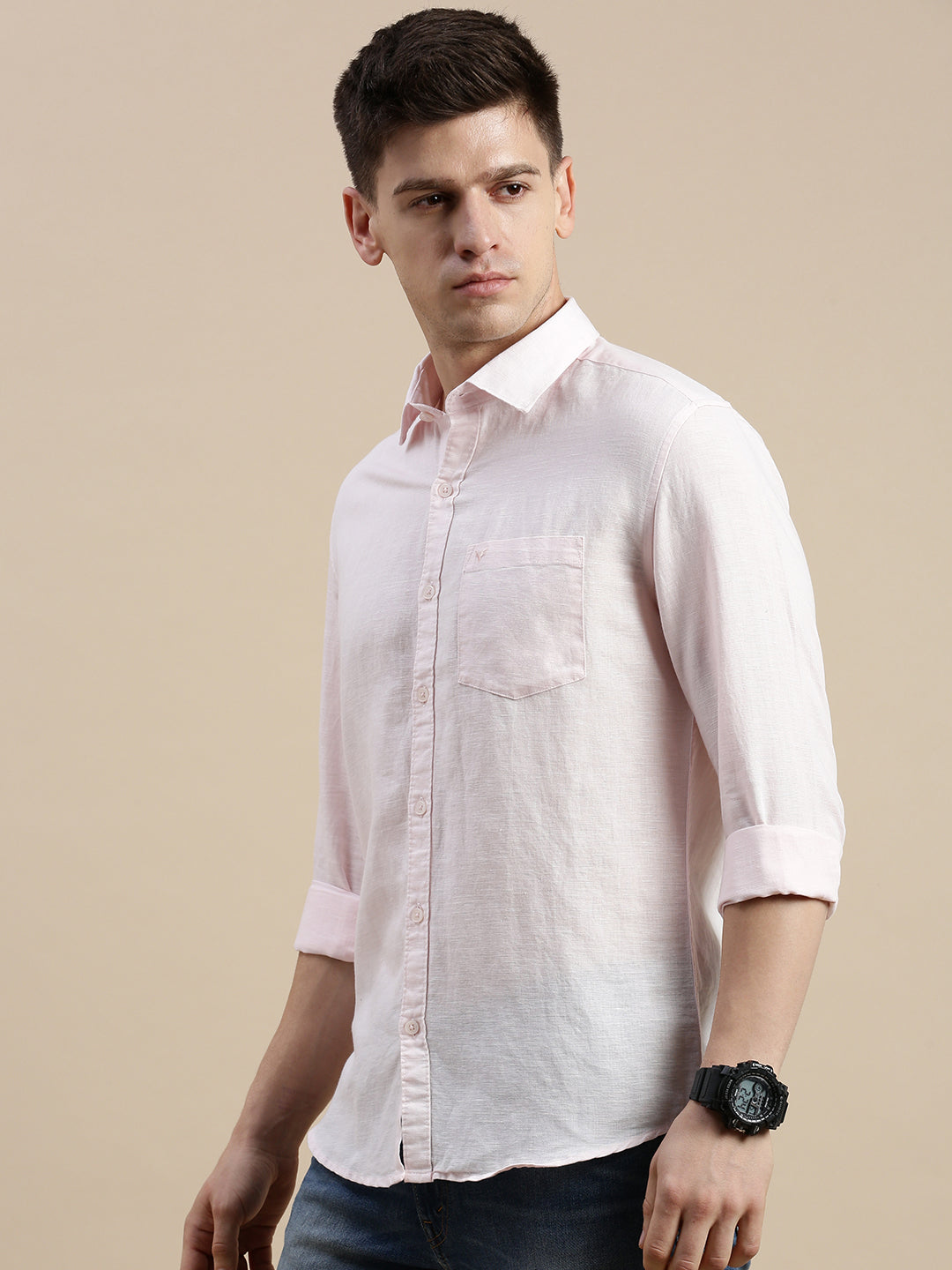 Men Spread Collar Solid Pink Shirt