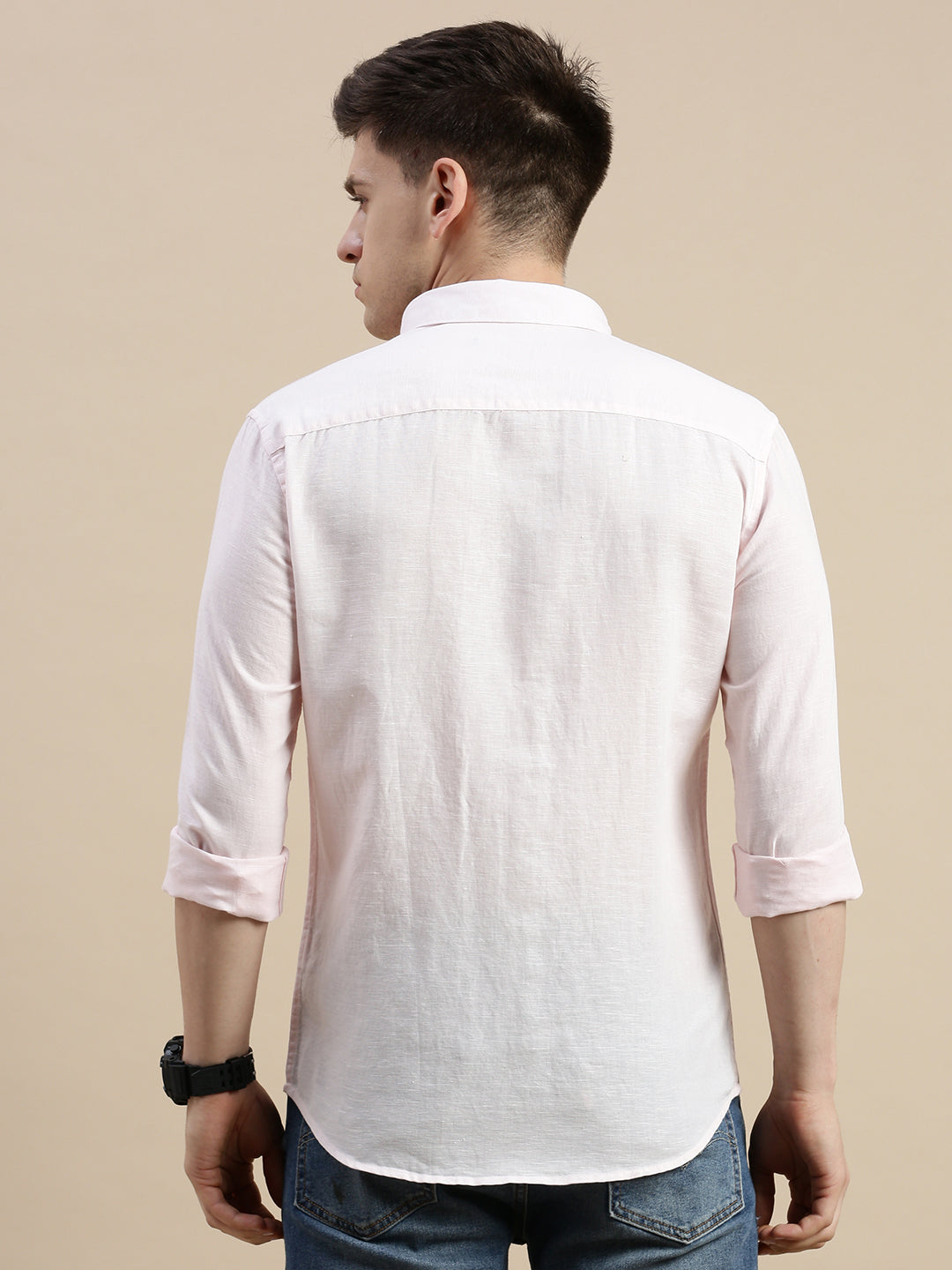 Men Spread Collar Solid Pink Shirt