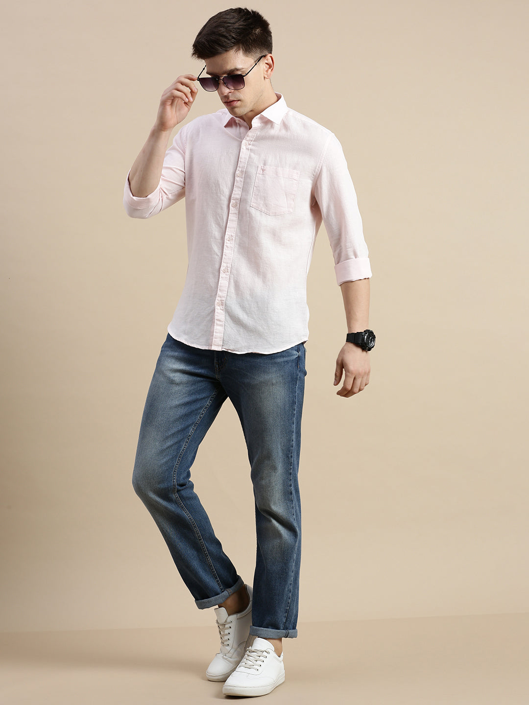 Men Spread Collar Solid Pink Shirt