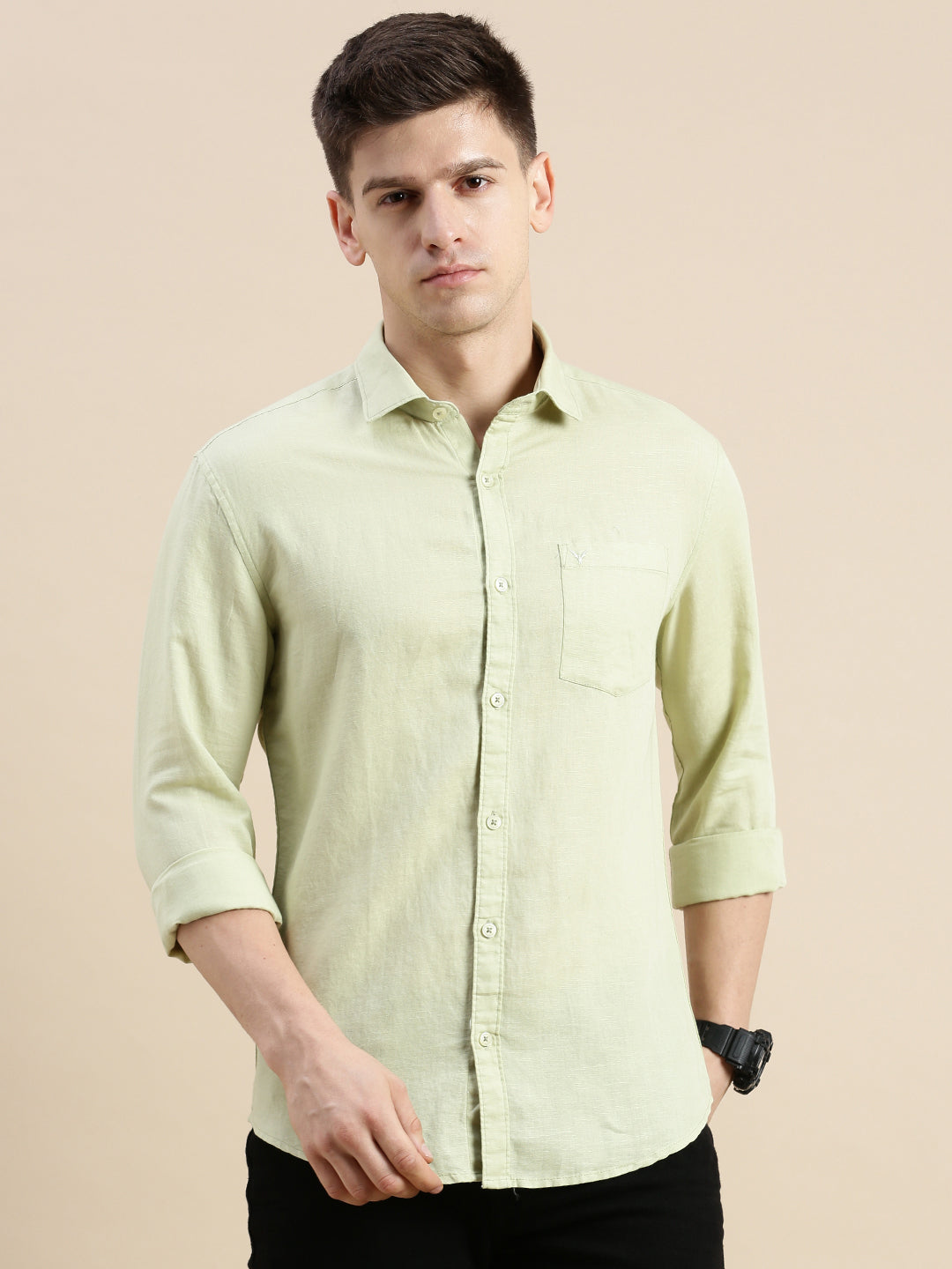 Men Spread Collar Solid Green Shirt