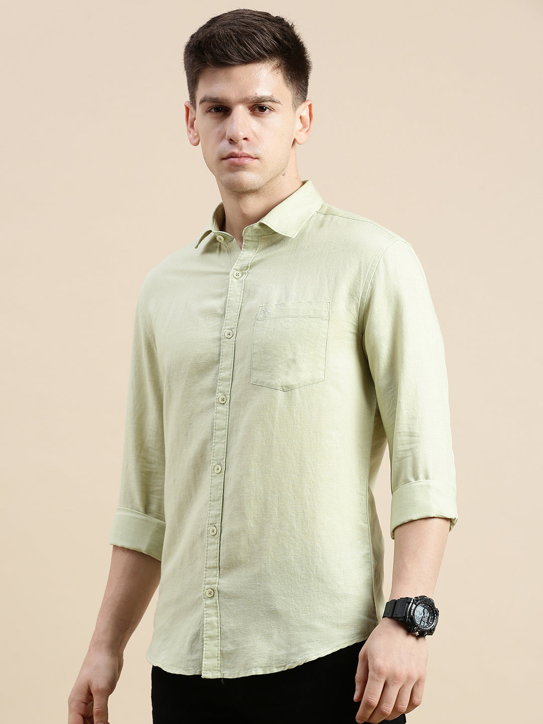 Men Spread Collar Solid Green Shirt