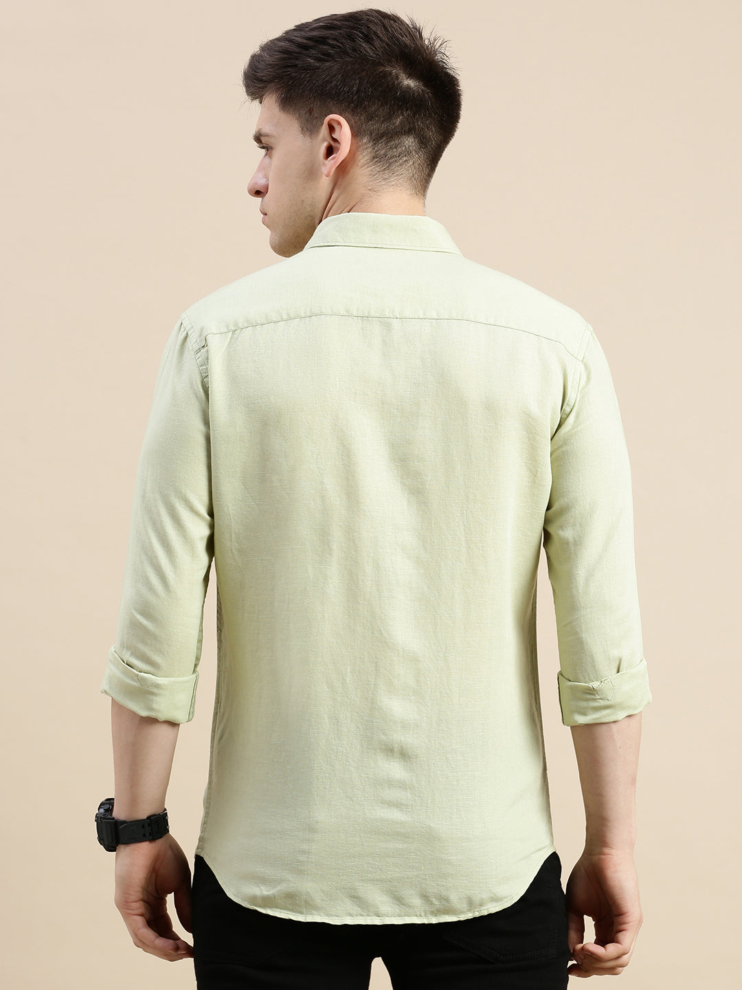 Men Spread Collar Solid Green Shirt