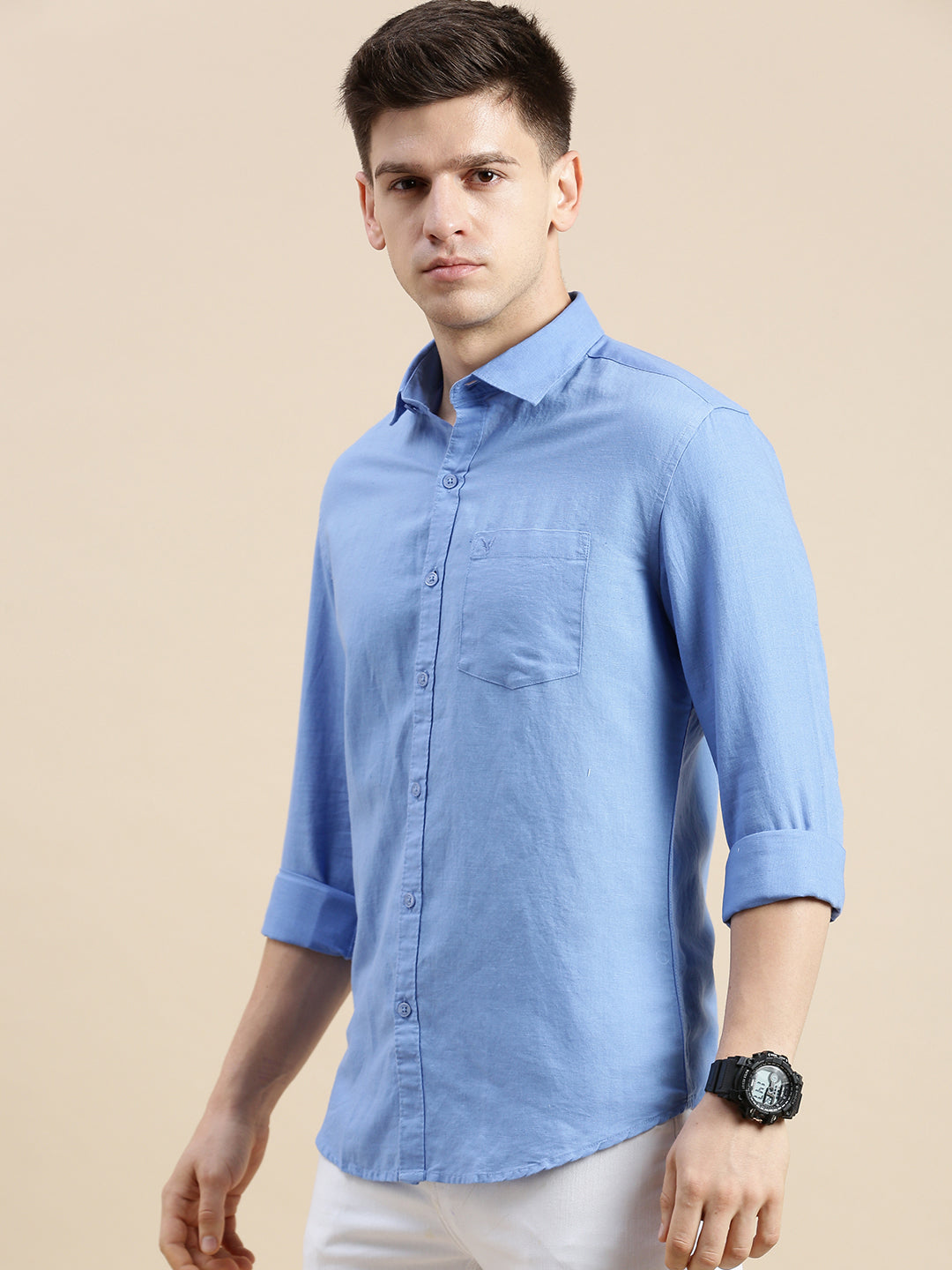 Men Spread Collar Solid Blue Shirt