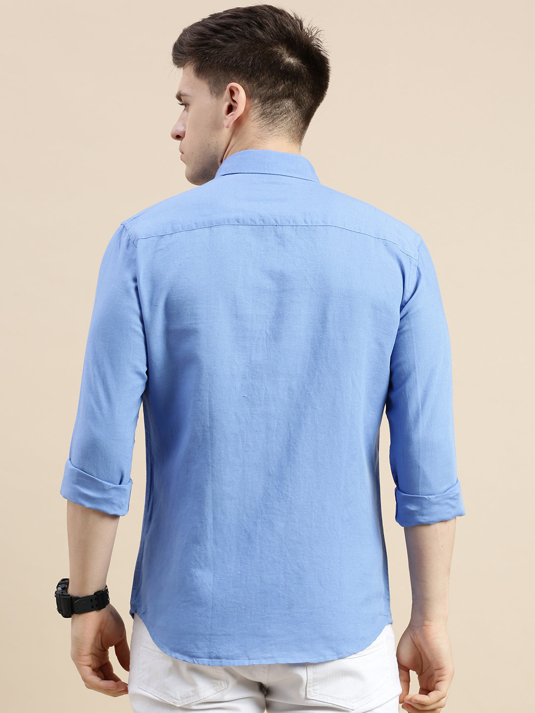 Men Spread Collar Solid Blue Shirt