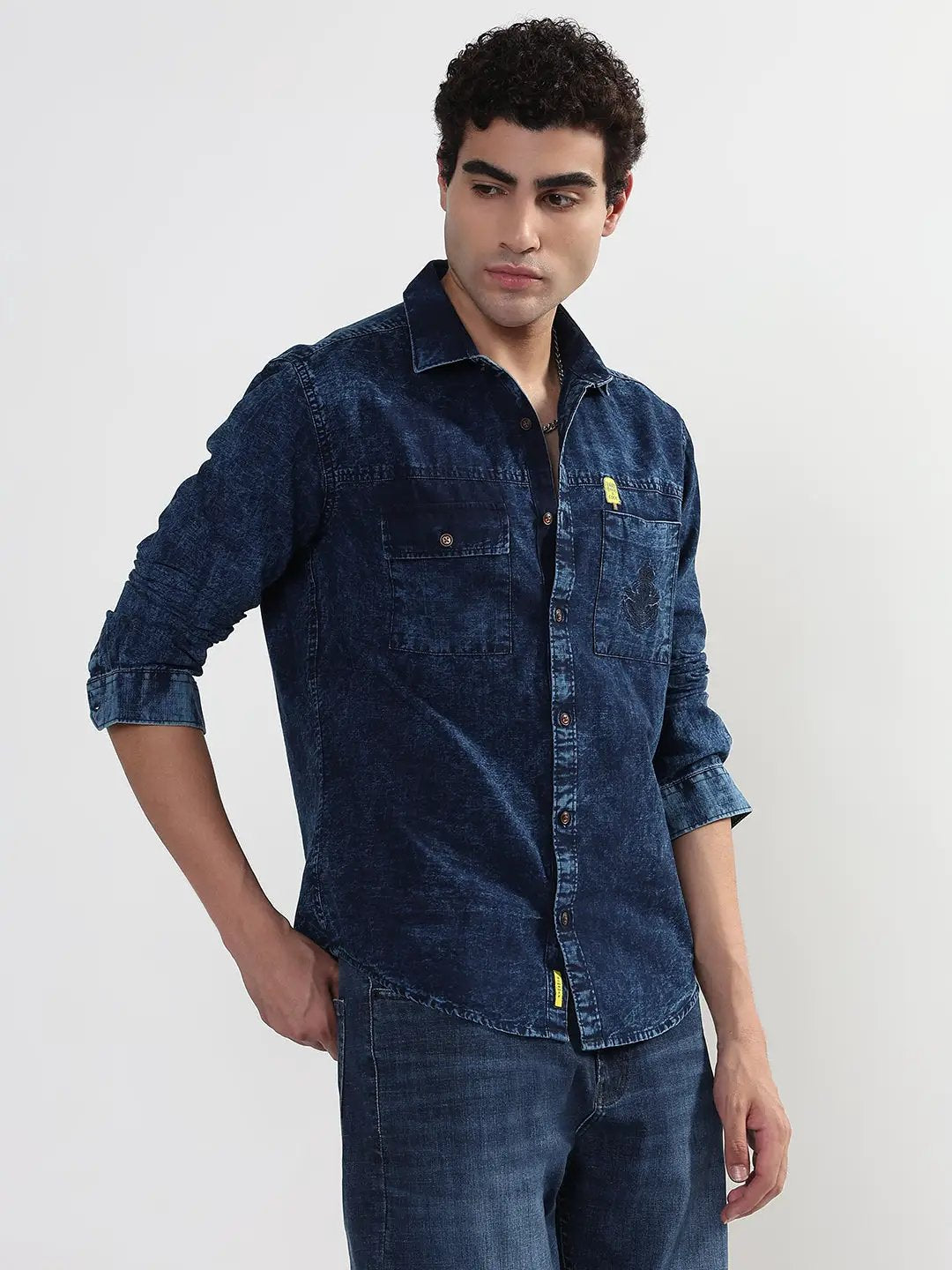 Men's Navy Blue Solid Slim Fit Denim Shirt with Chest Pocket - Uncategorized from SHOWOFFFF