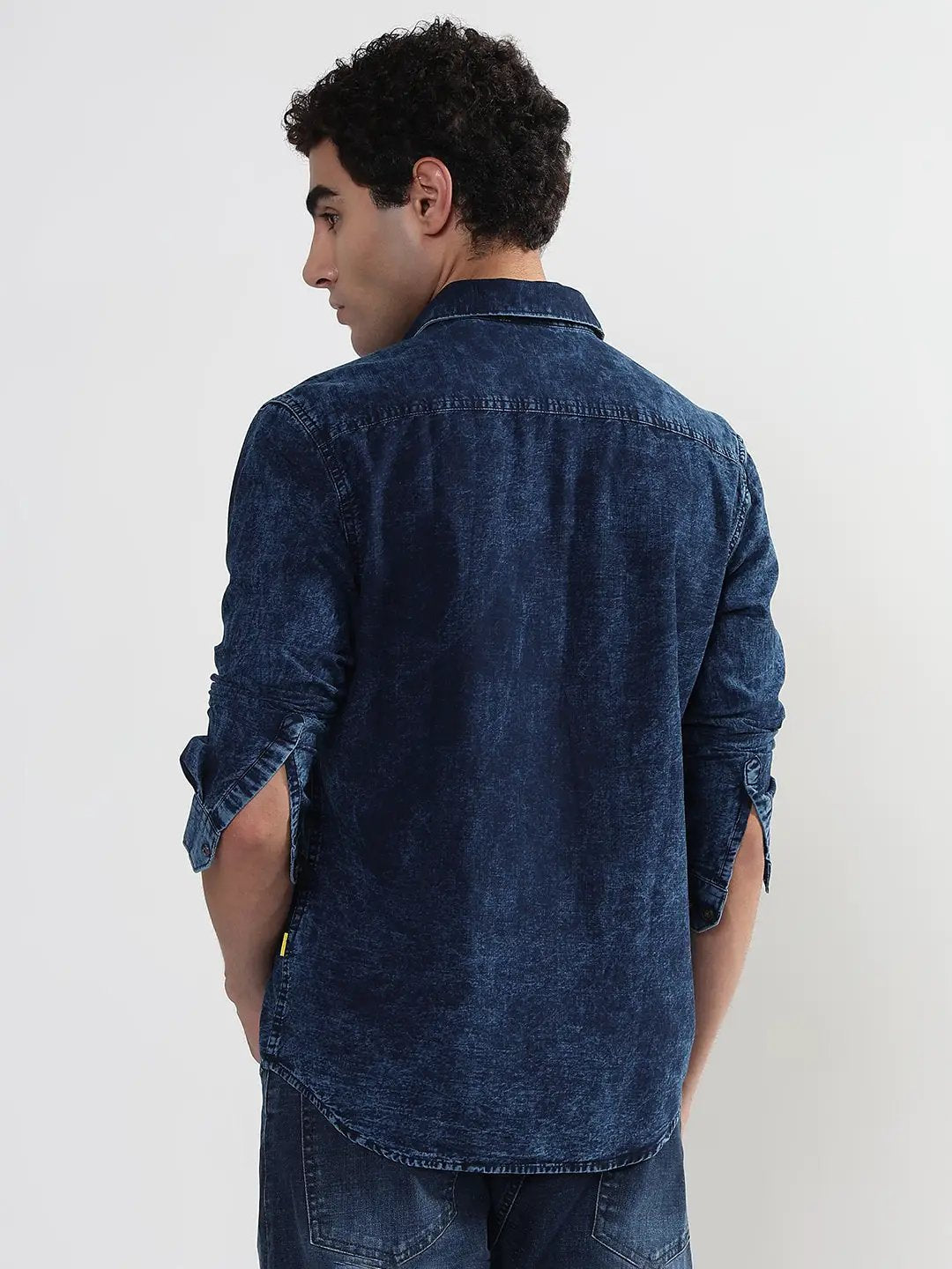 Men's Navy Blue Solid Slim Fit Denim Shirt with Chest Pocket - Uncategorized from SHOWOFFFF