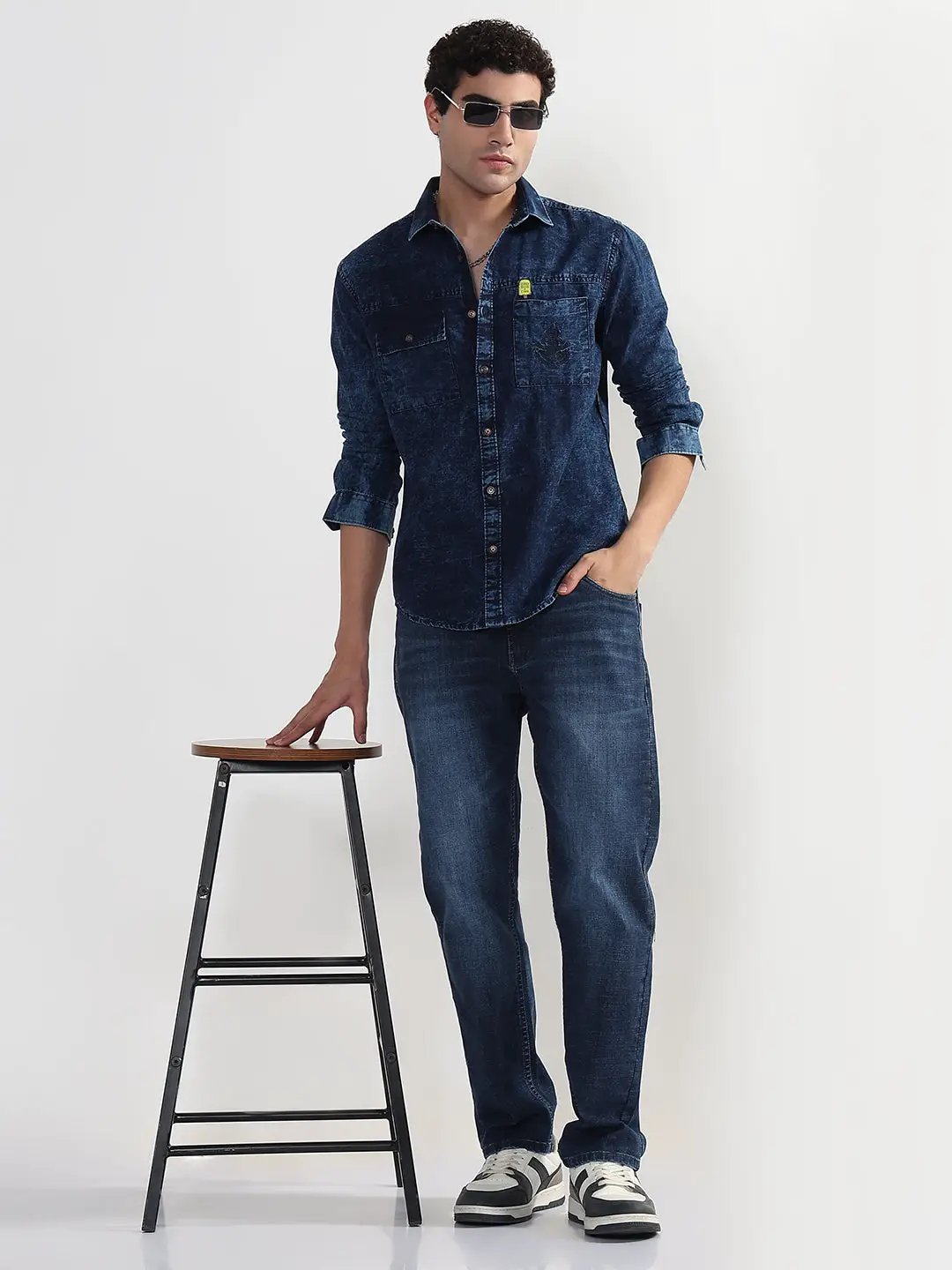 Men's Navy Blue Solid Slim Fit Denim Shirt with Chest Pocket - Uncategorized from SHOWOFFFF