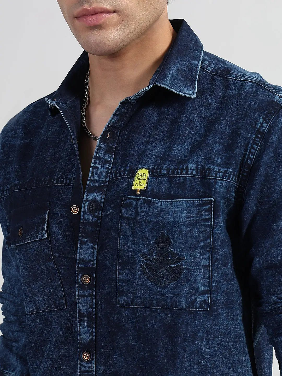 Men's Navy Blue Solid Slim Fit Denim Shirt with Chest Pocket - Uncategorized from SHOWOFFFF