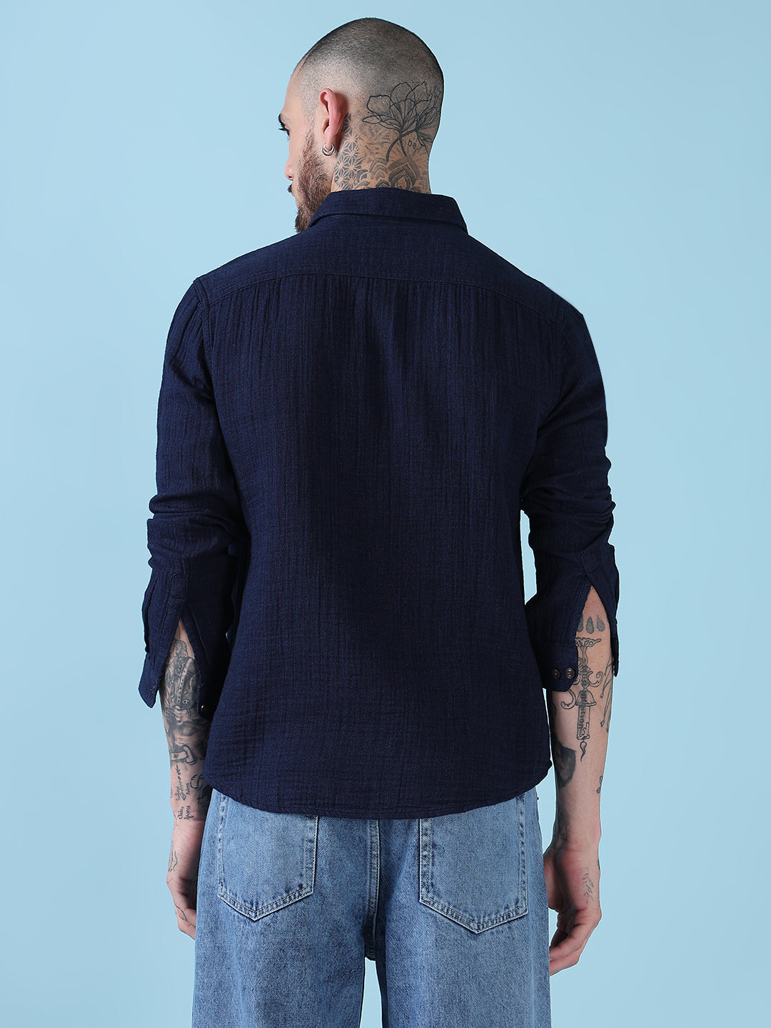 Men's Navy Blue Solid Slim Fit Shirt with Chest Pocket