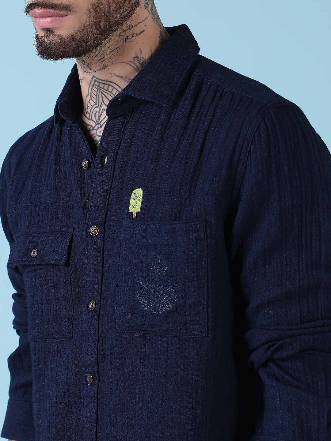 Men's Navy Blue Solid Slim Fit Shirt with Chest Pocket