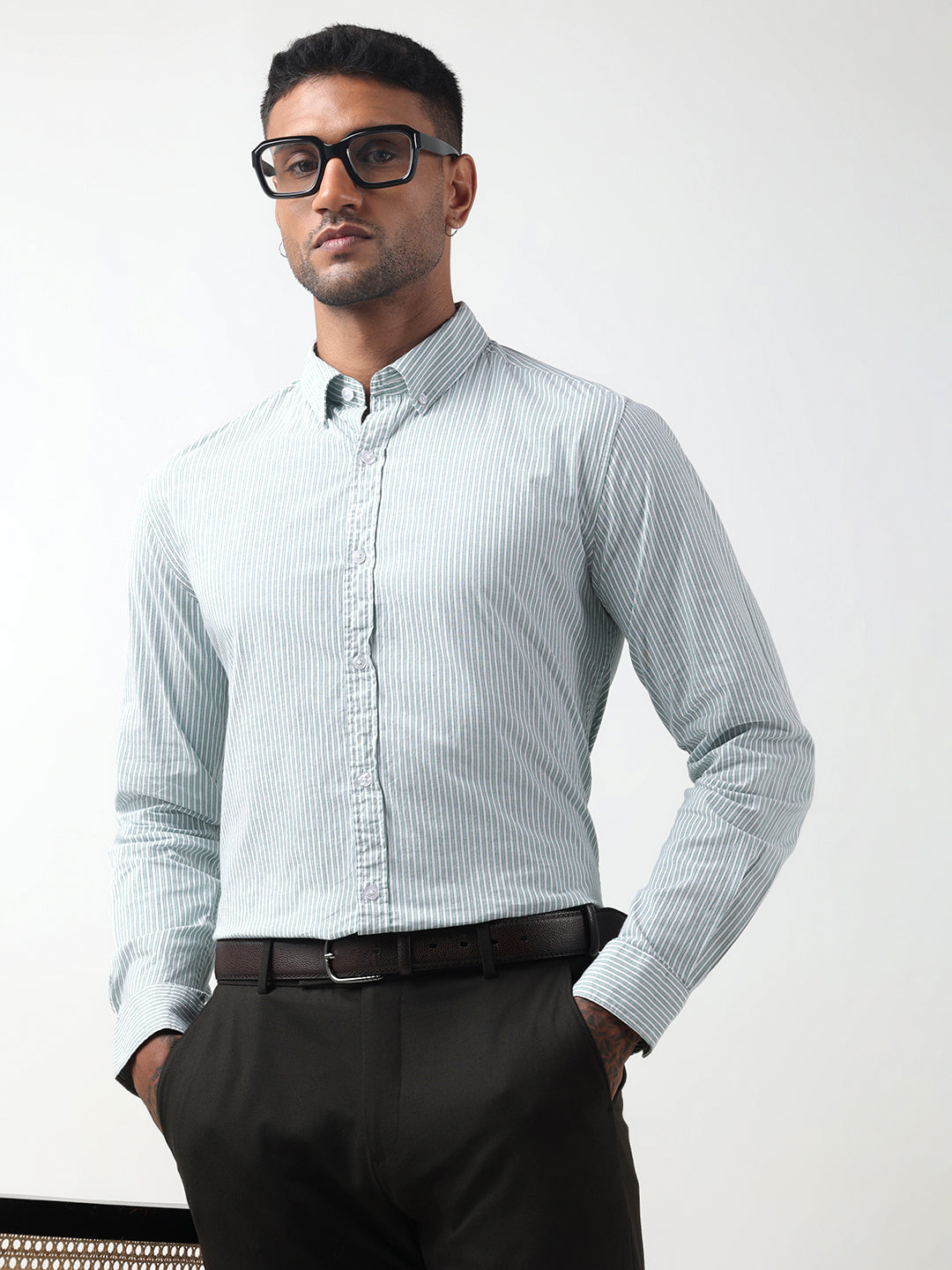 Men's Pinstripe Green Slim Fit Button-Down Shirt