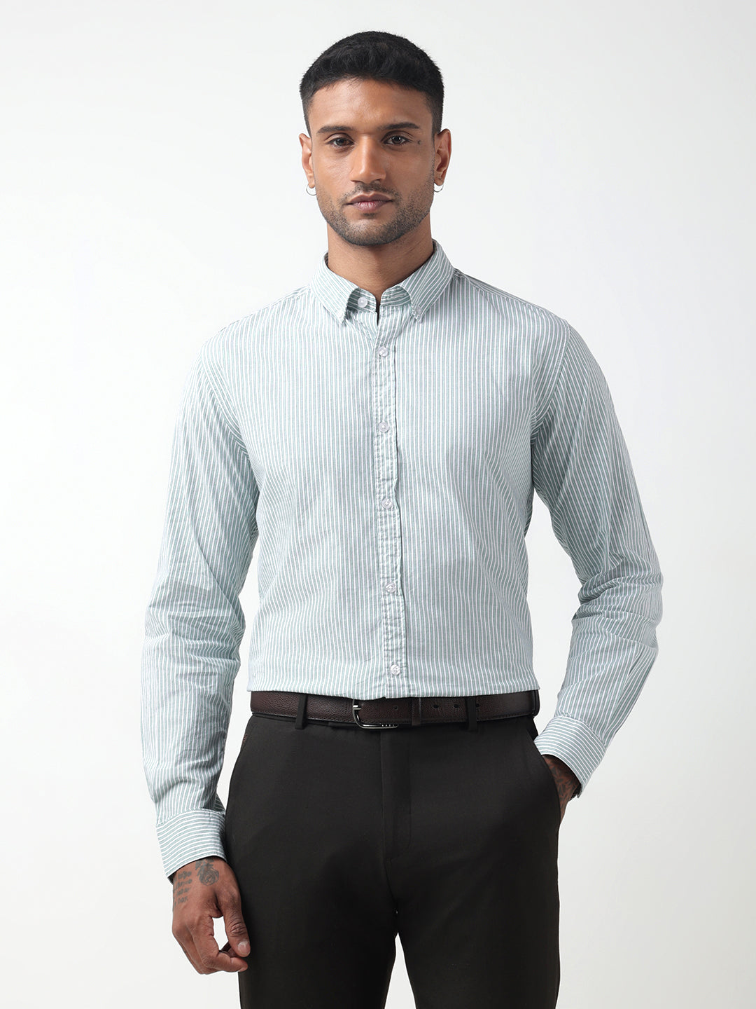 Men's Pinstripe Green Slim Fit Button-Down Shirt