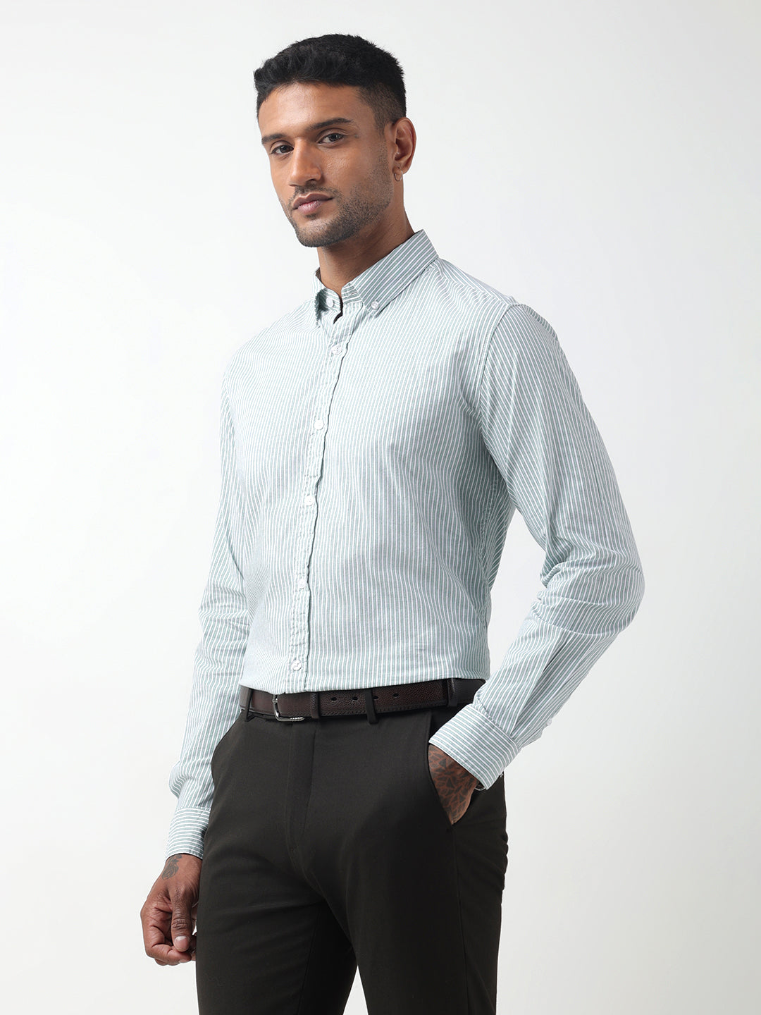 Men's Pinstripe Green Slim Fit Button-Down Shirt