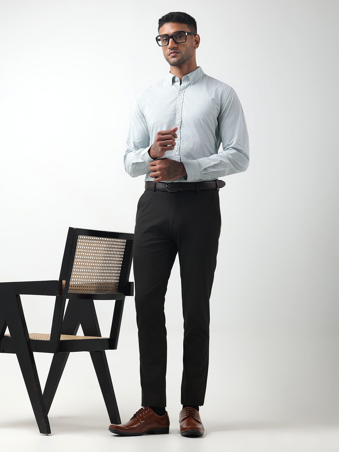 Men's Pinstripe Green Slim Fit Button-Down Shirt