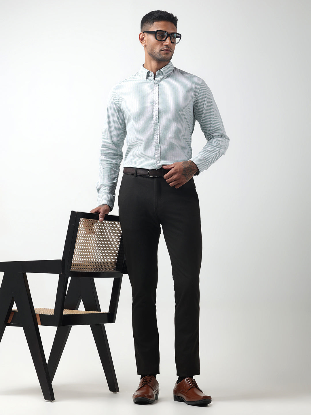 Men's Pinstripe Green Slim Fit Button-Down Shirt