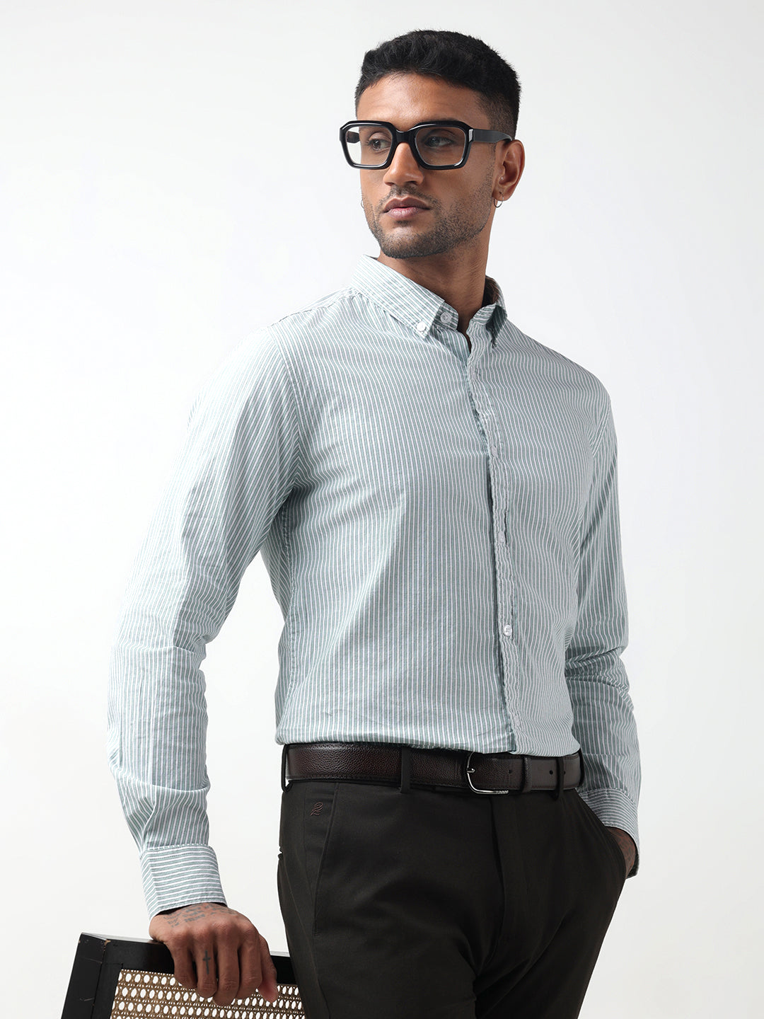 Men's Pinstripe Green Slim Fit Button-Down Shirt