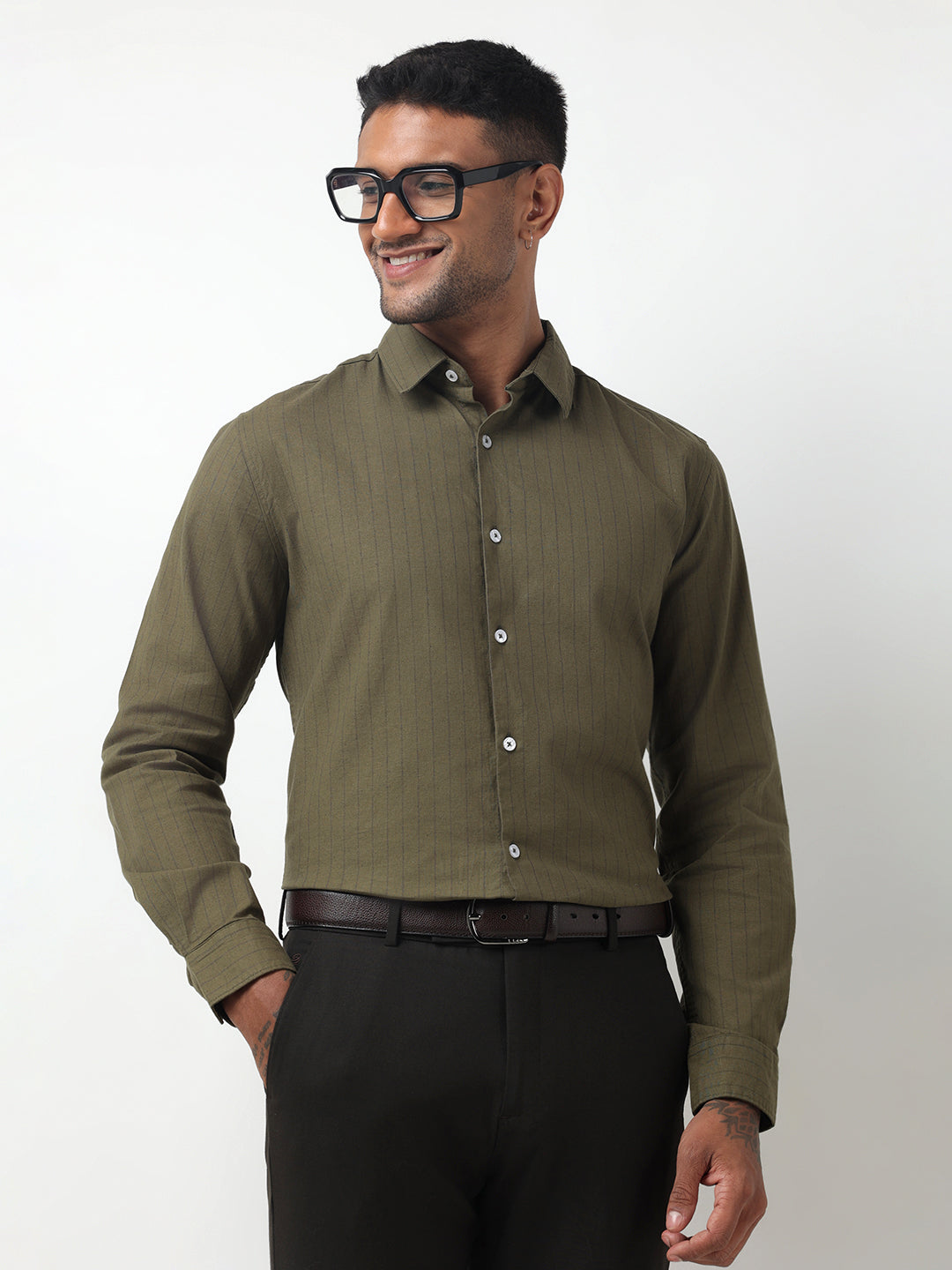 Men's Striped Olive Slim Fit Button-Down Shirt