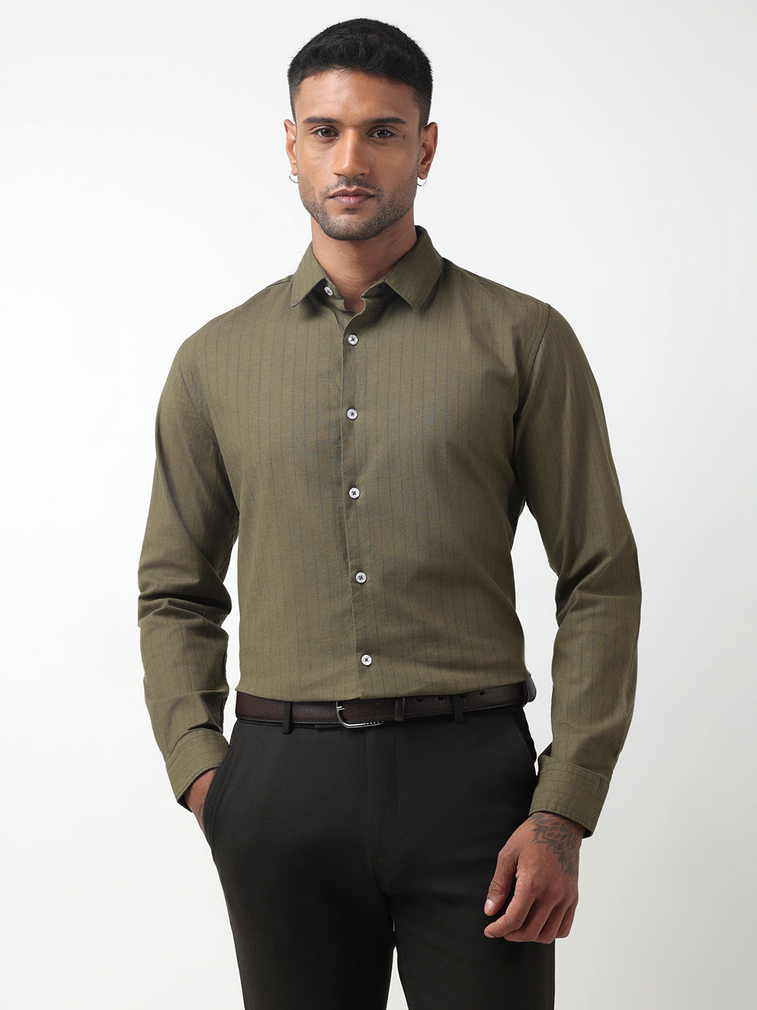 Men's Striped Olive Slim Fit Button-Down Shirt