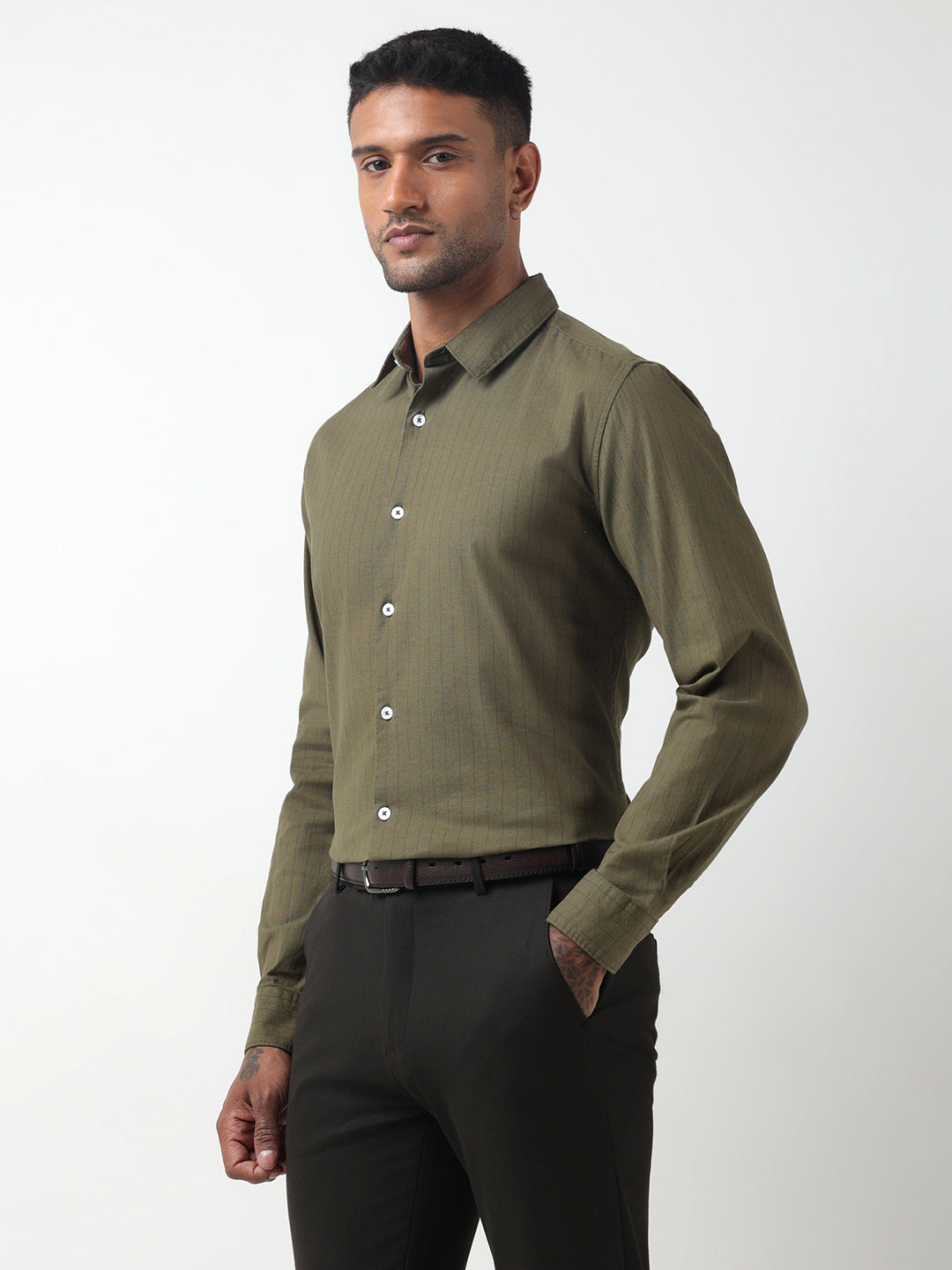 Men's Striped Olive Slim Fit Button-Down Shirt
