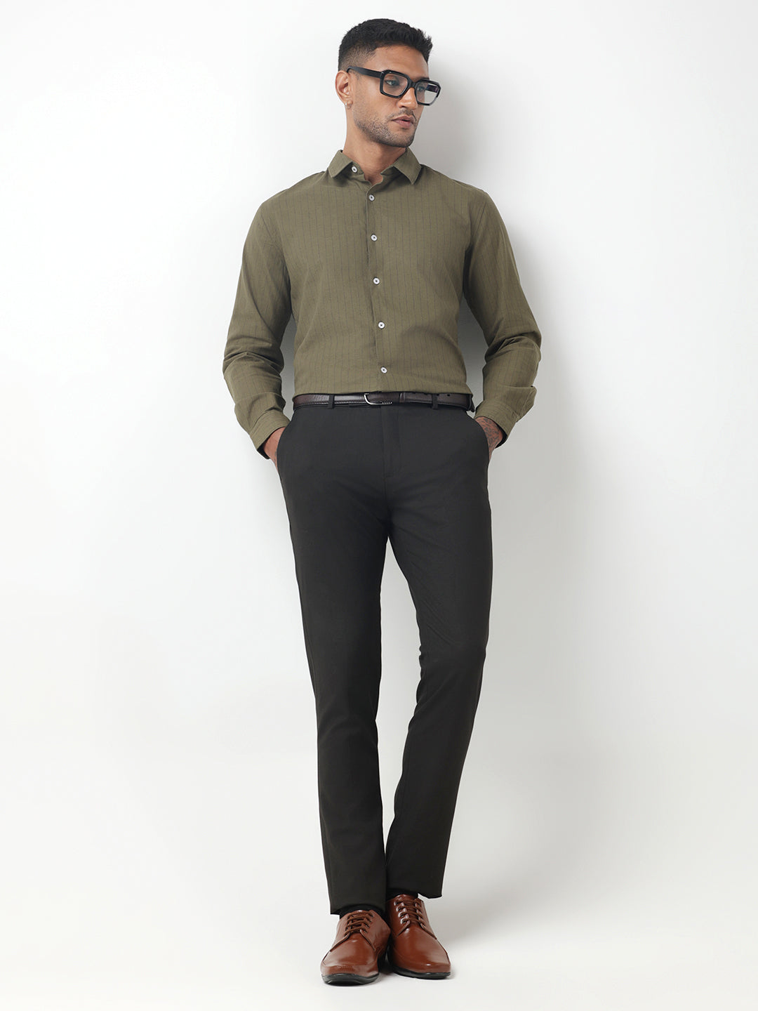 Men's Striped Olive Slim Fit Button-Down Shirt