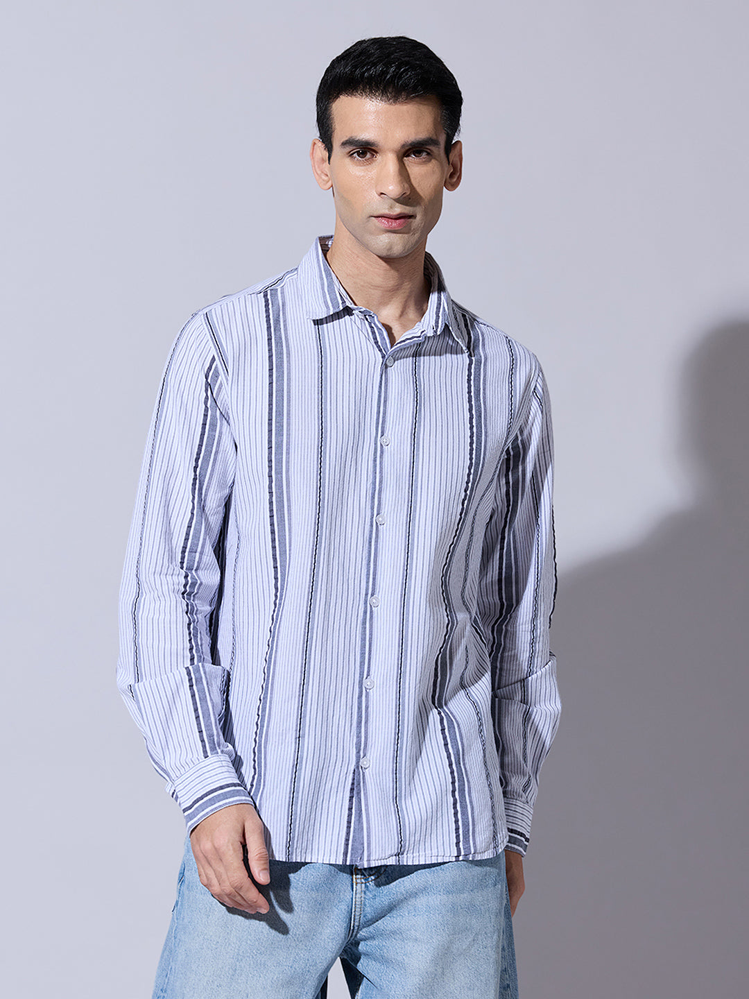 Men's Striped Grey Casual Relaxed Fit Shirt