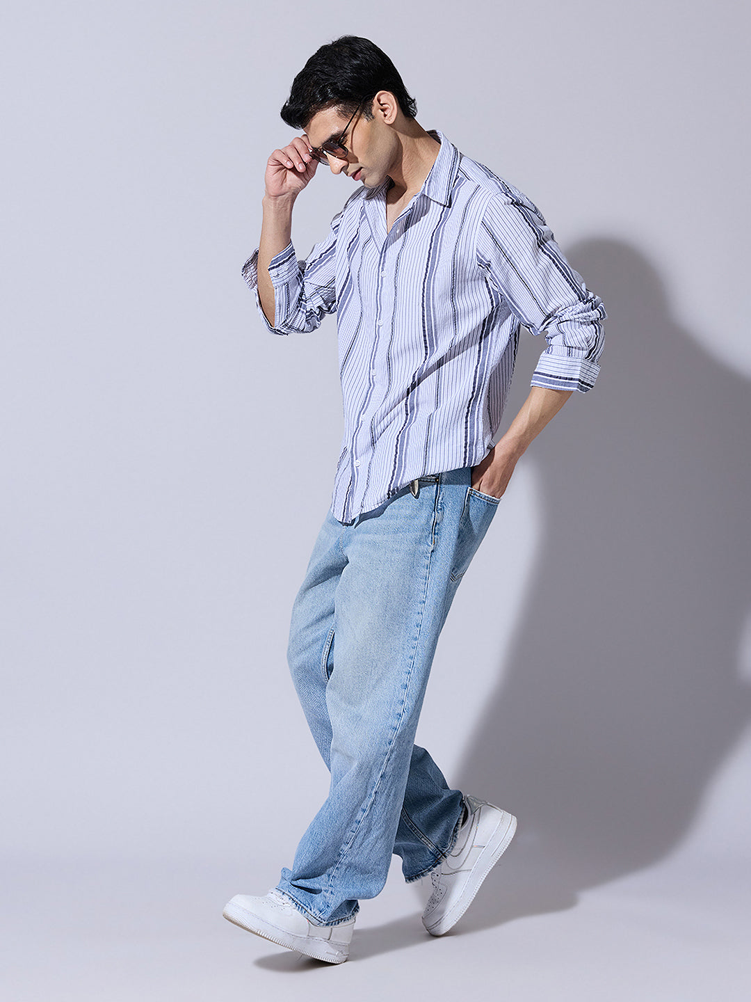 Men's Striped Grey Casual Relaxed Fit Shirt