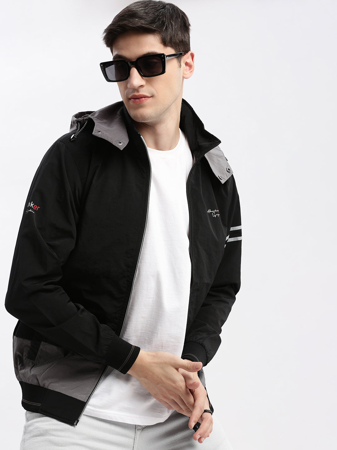 Men Colourblocked Mock Collar Black Bomber Jacket Comes with Detachable Hoodie