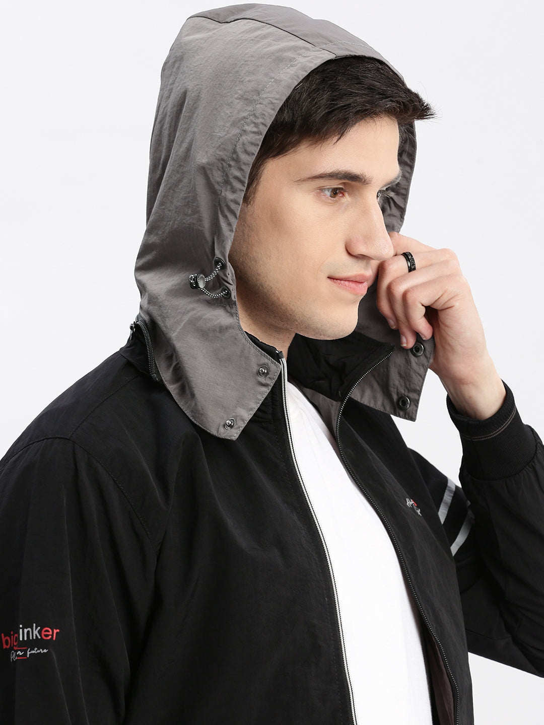 Men Colourblocked Mock Collar Black Bomber Jacket Comes with Detachable Hoodie