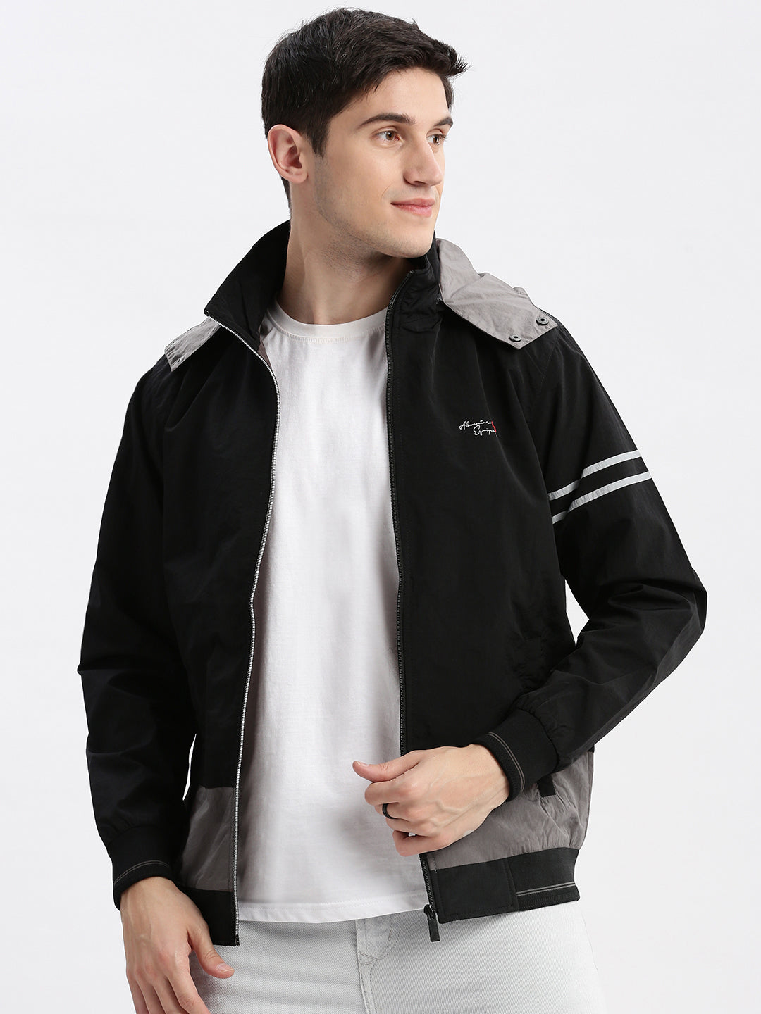 Men Colourblocked Mock Collar Black Bomber Jacket Comes with Detachable Hoodie