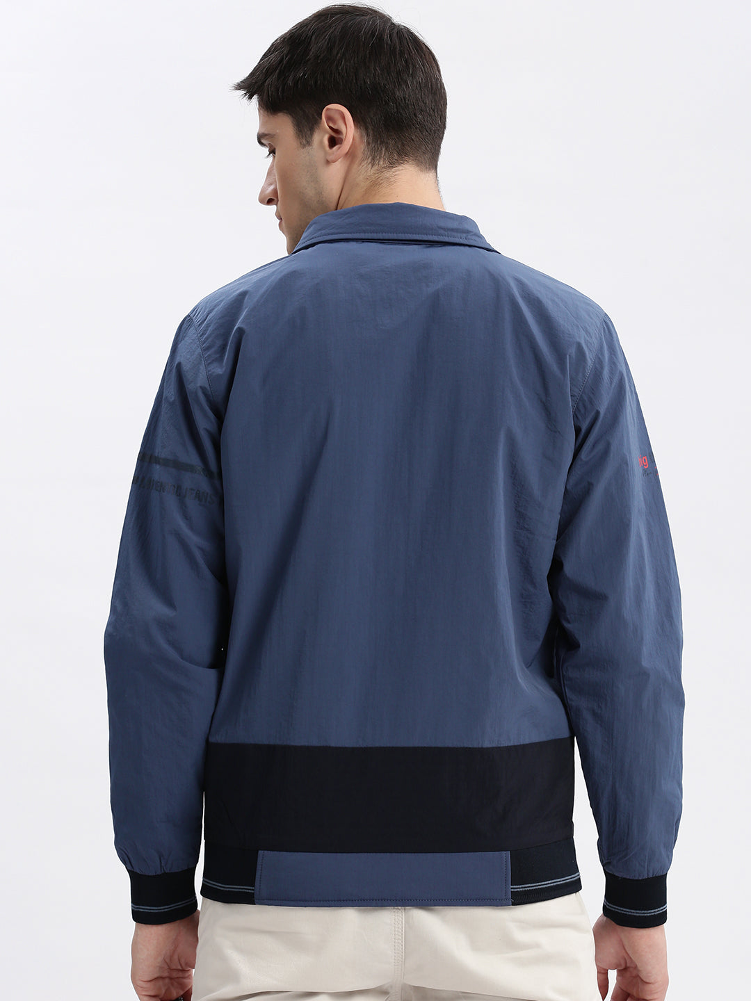 Men Colourblocked Mock Collar Blue Bomber Jacket Comes with Detachable Hoodie