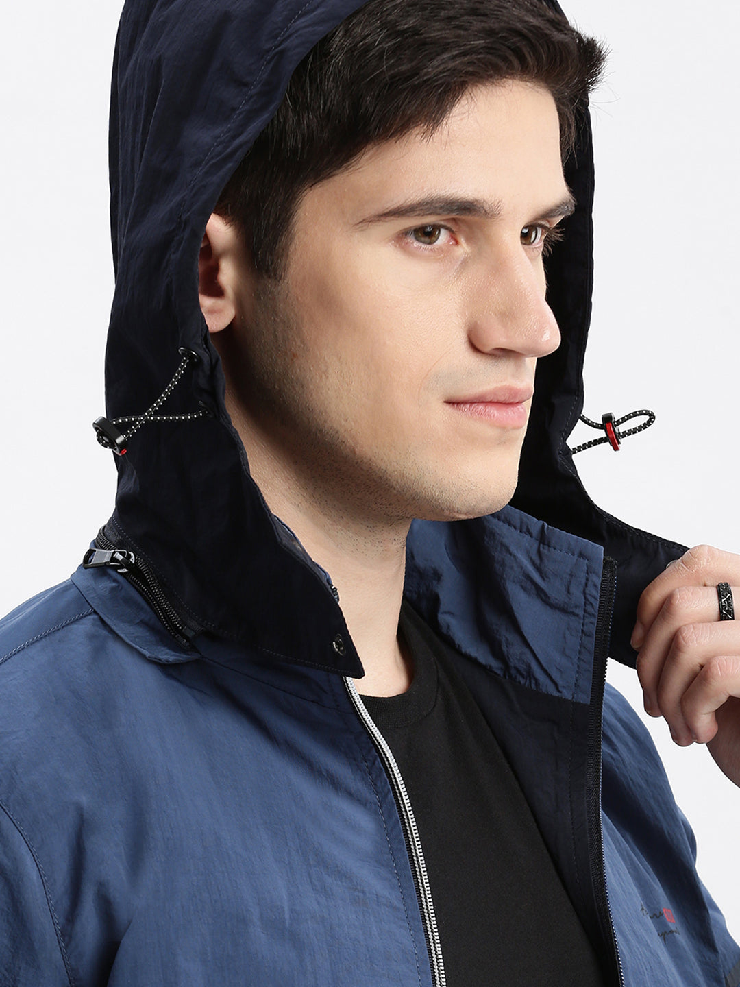 Men Colourblocked Mock Collar Blue Bomber Jacket Comes with Detachable Hoodie