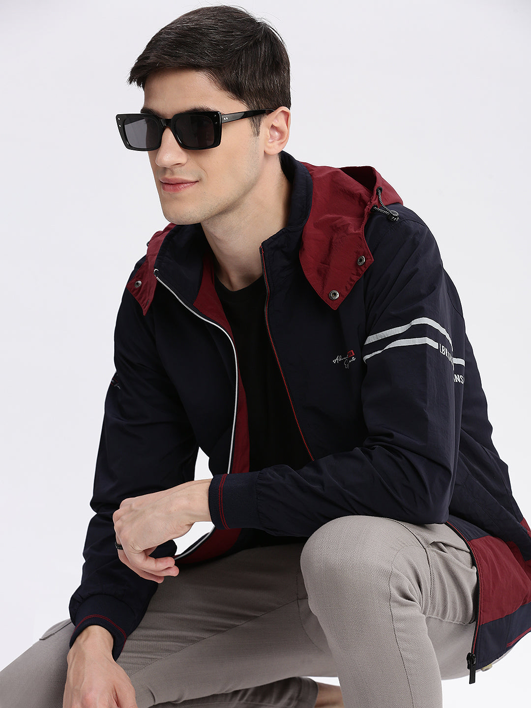 Men Colourblocked Mock Collar Navy Blue Bomber Jacket Comes with Detachable Hoodie