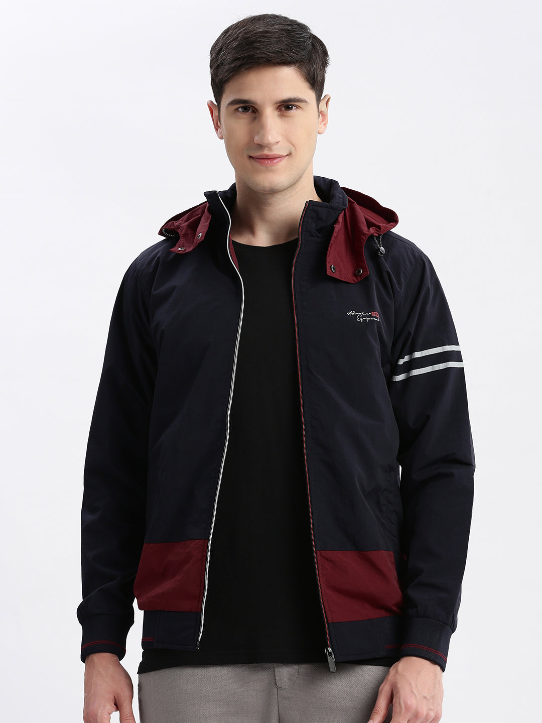 Men Colourblocked Mock Collar Navy Blue Bomber Jacket Comes with Detachable Hoodie