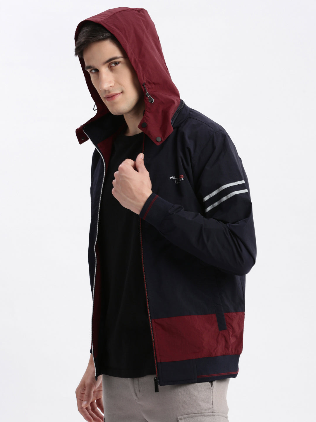 Men Colourblocked Mock Collar Navy Blue Bomber Jacket Comes with Detachable Hoodie