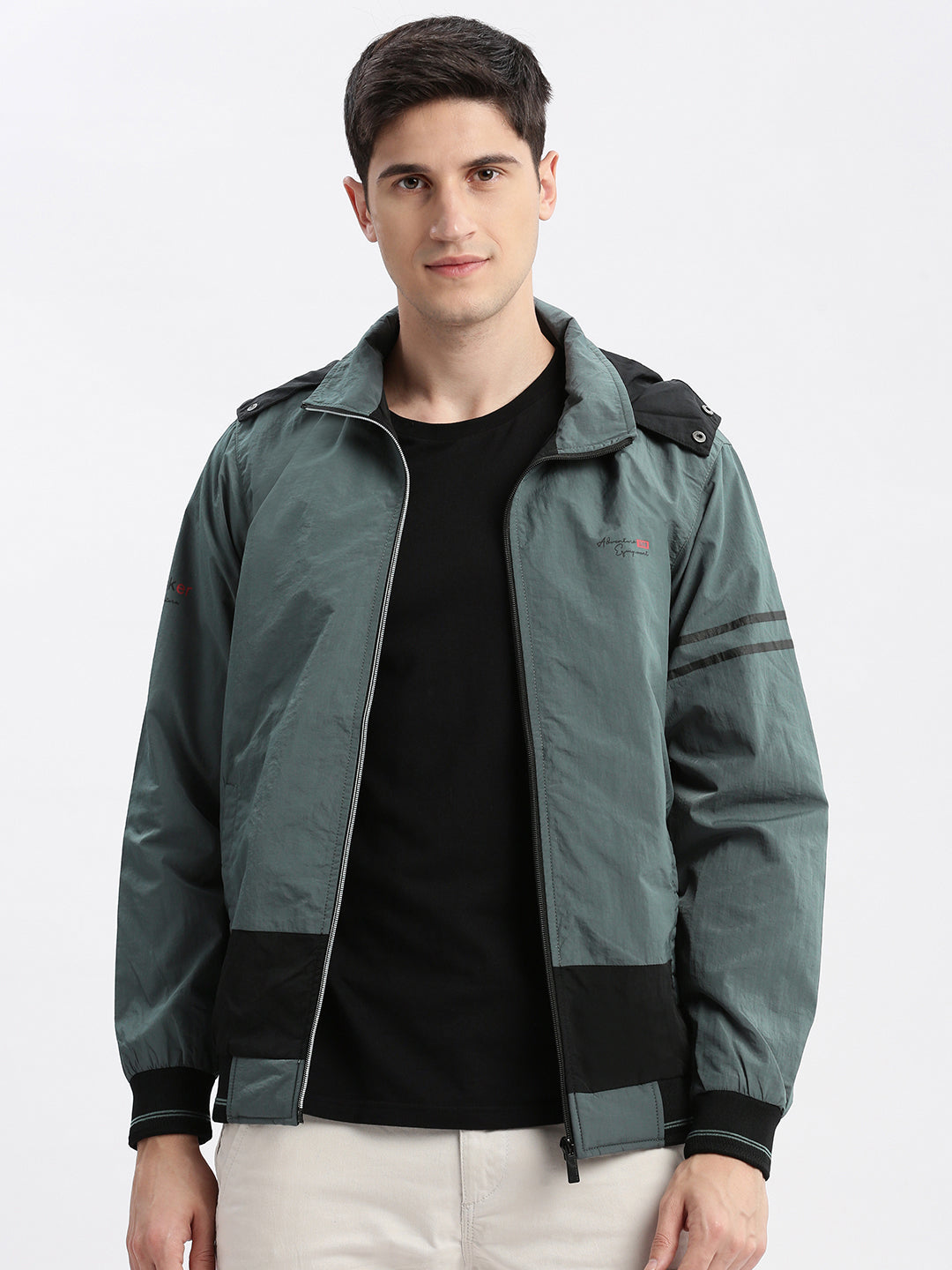 Men Colourblocked Mock Collar Teal Bomber Jacket Comes with Detachable Hoodie