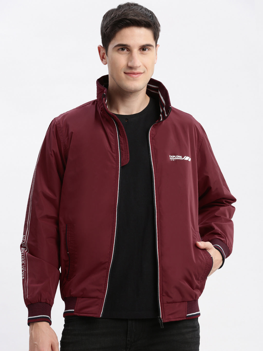 Men Solid Mock Collar Maroon Bomber Jacket