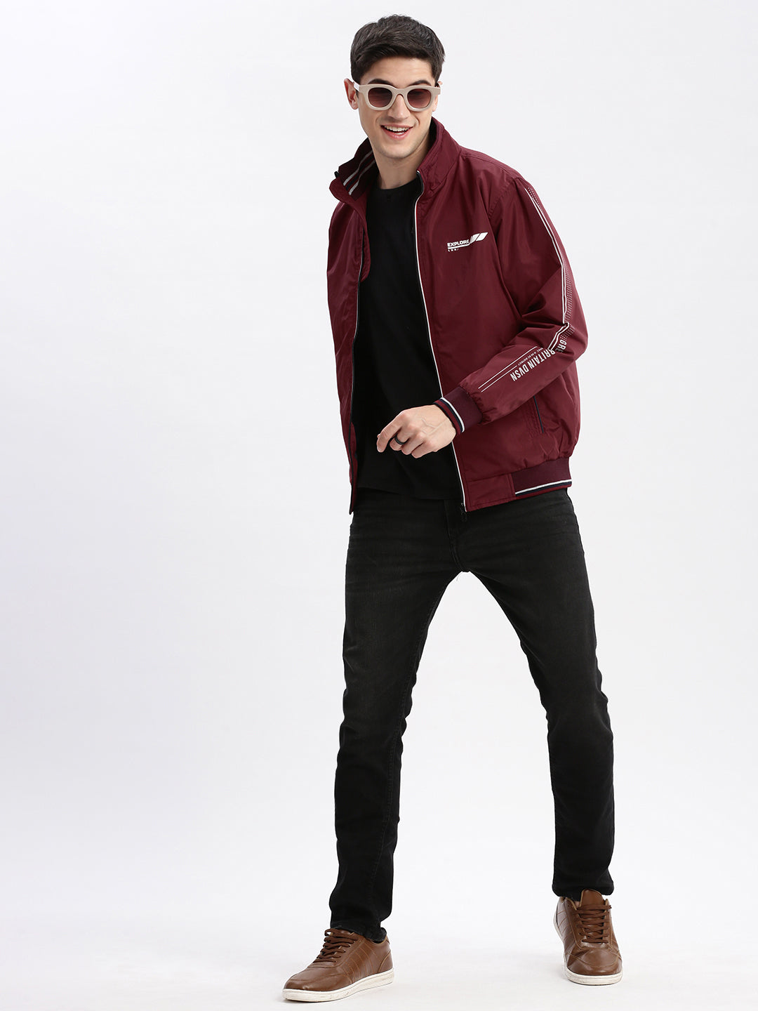 Men Solid Mock Collar Maroon Bomber Jacket