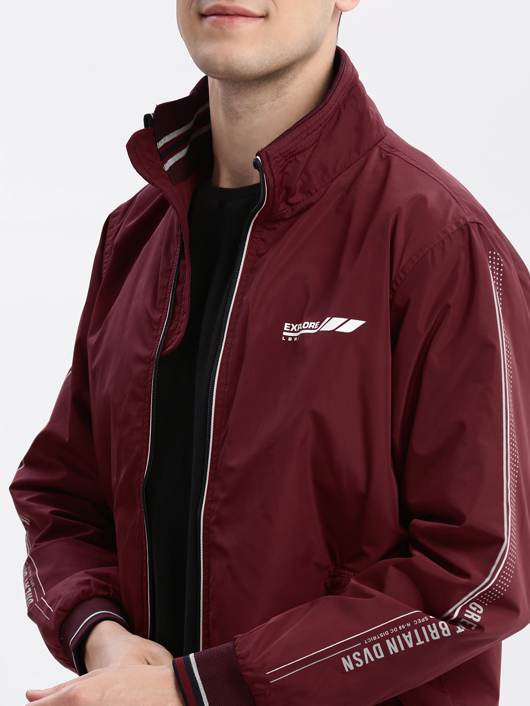 Men Solid Mock Collar Maroon Bomber Jacket