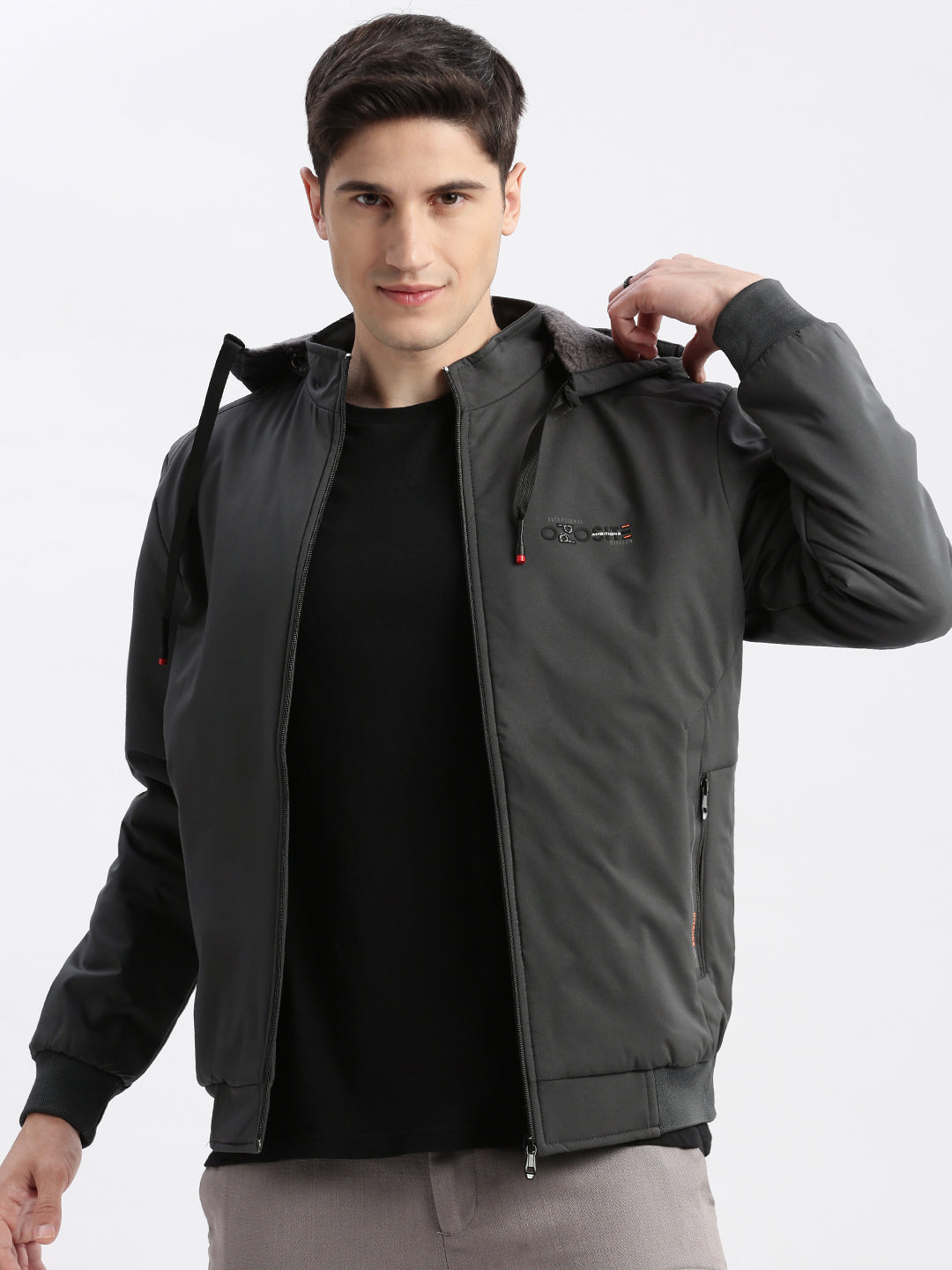 Men Solid Mock Collar Grey Bomber Jacket Comes with Detachable Hoodie