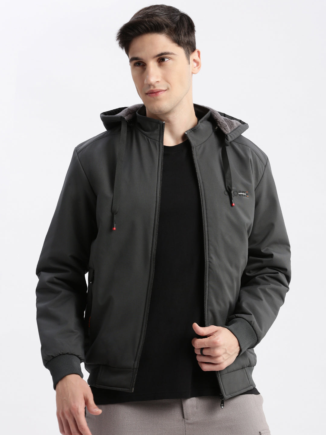 Men Solid Mock Collar Grey Bomber Jacket Comes with Detachable Hoodie