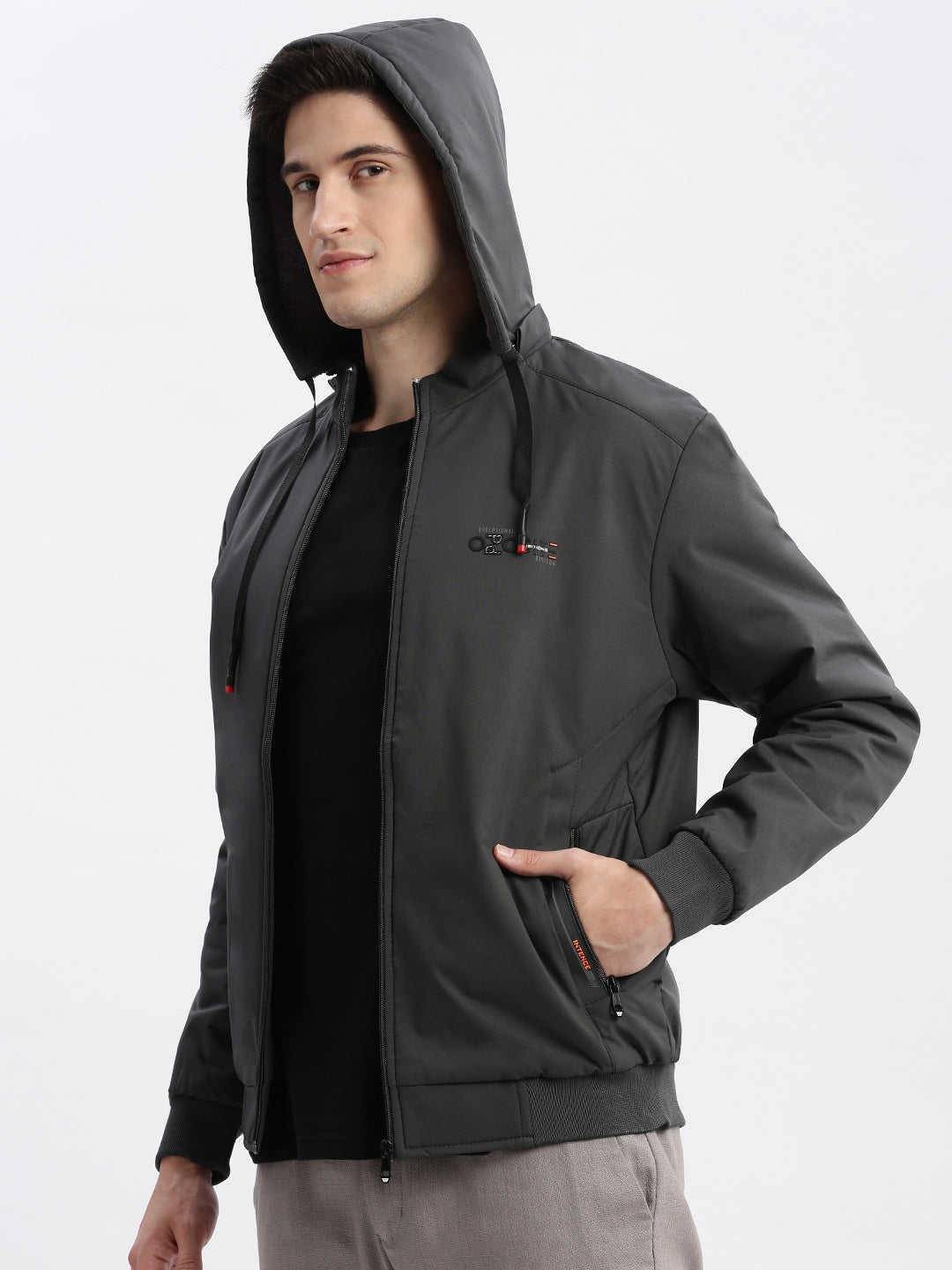 Men Solid Mock Collar Grey Bomber Jacket Comes with Detachable Hoodie