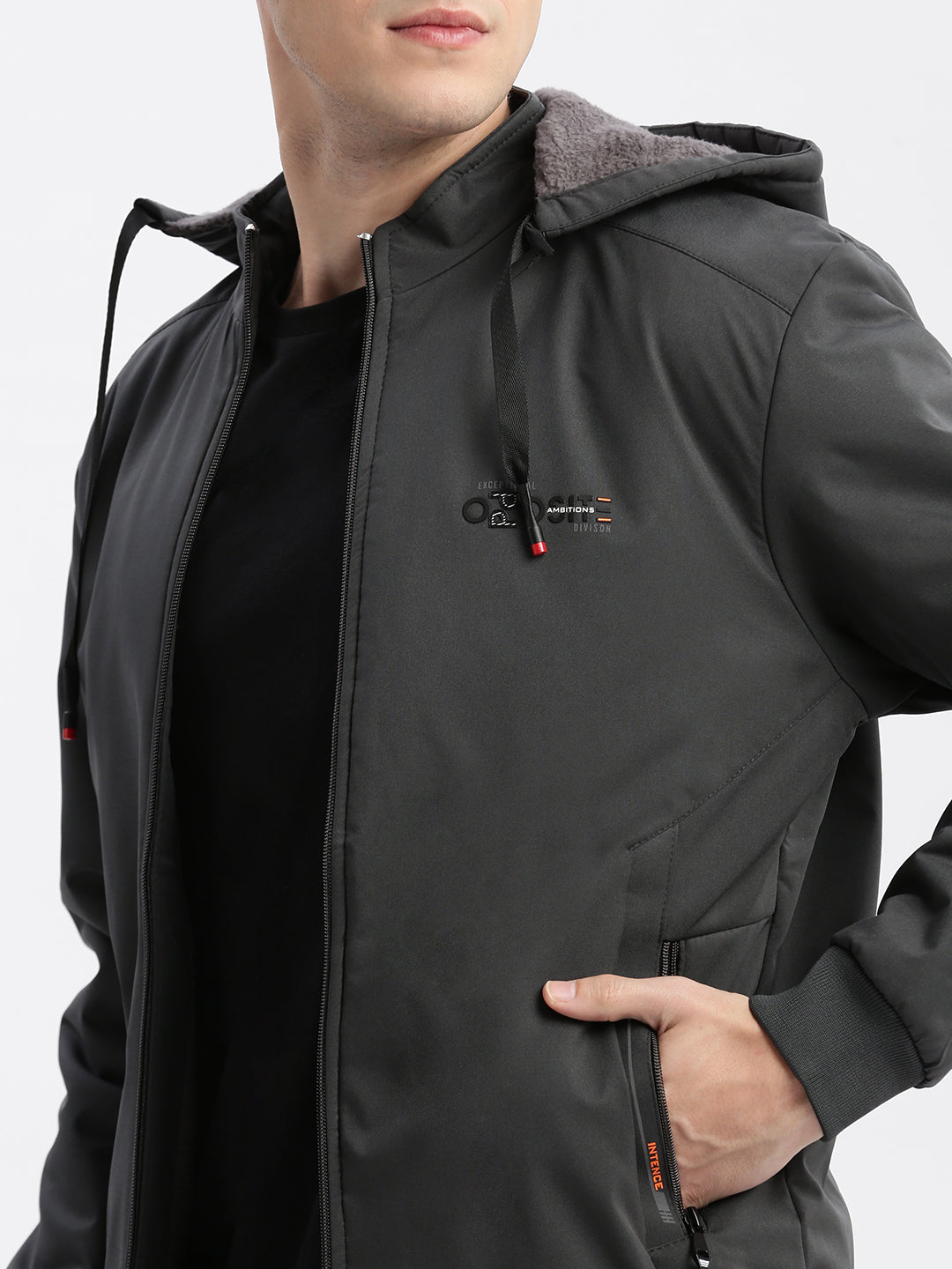 Men Solid Mock Collar Grey Bomber Jacket Comes with Detachable Hoodie