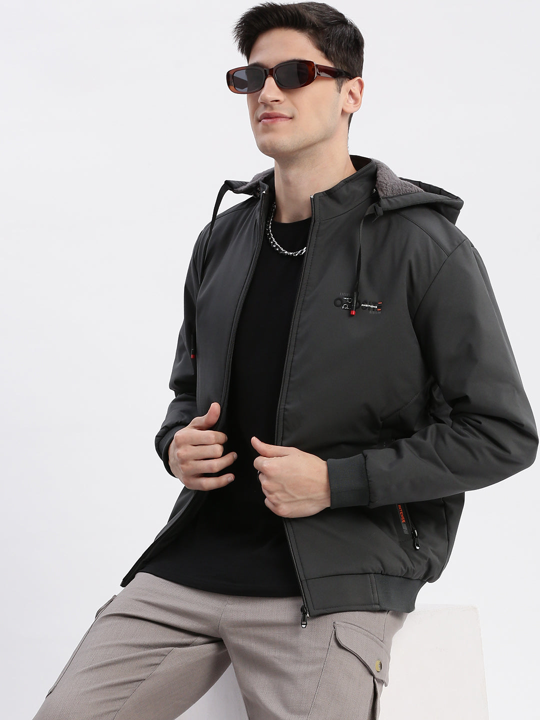 Men Solid Mock Collar Grey Bomber Jacket Comes with Detachable Hoodie