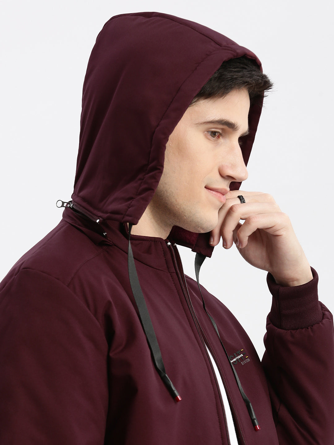 Men Solid Mock Collar Maroon Bomber Jacket Comes with Detachable Hoodie