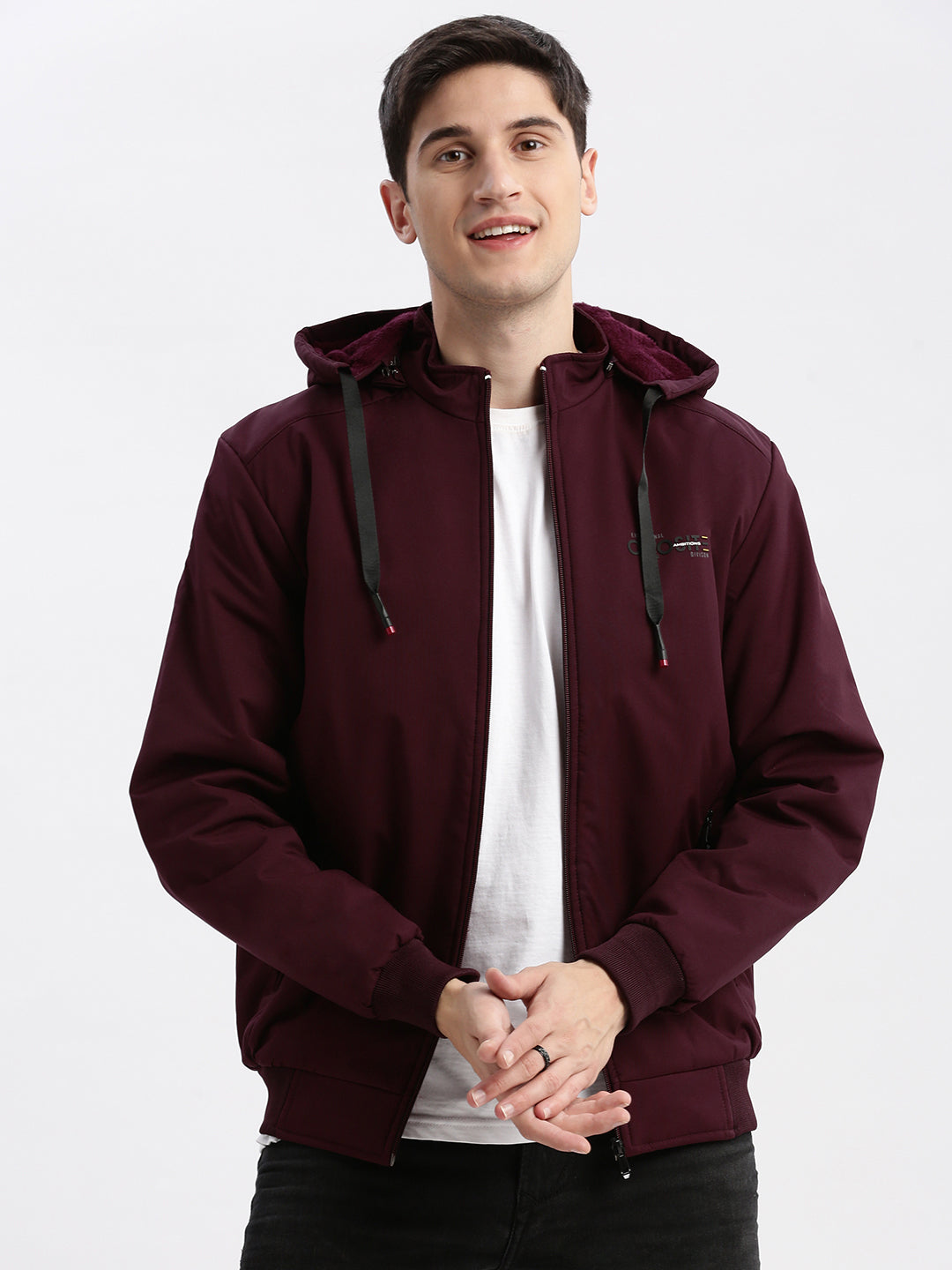 Men Solid Mock Collar Maroon Bomber Jacket Comes with Detachable Hoodie