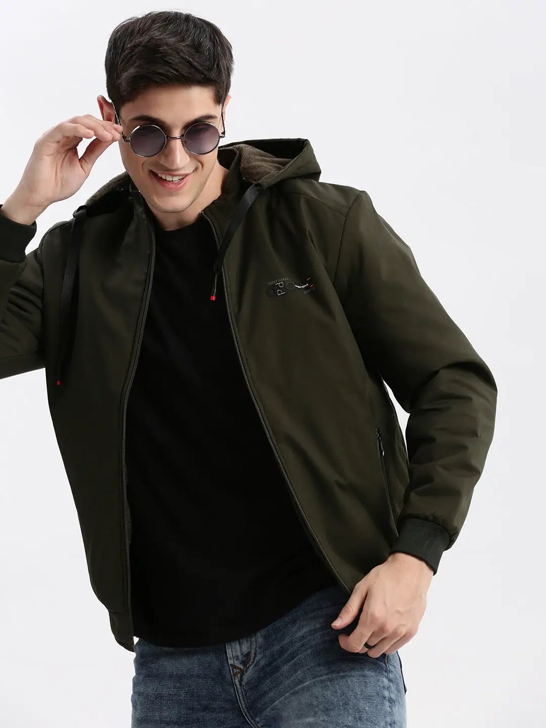 Men's Solid Mock Collar Olive Bomber Jacket Comes with Detachable Hoodie